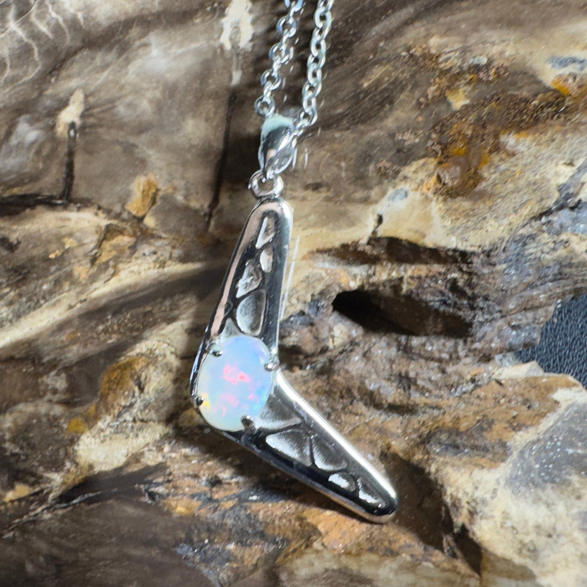 Southern Interior Glow ~ 0.8ct Coober Pedy Opal 925 Silver Boomerang Pendant