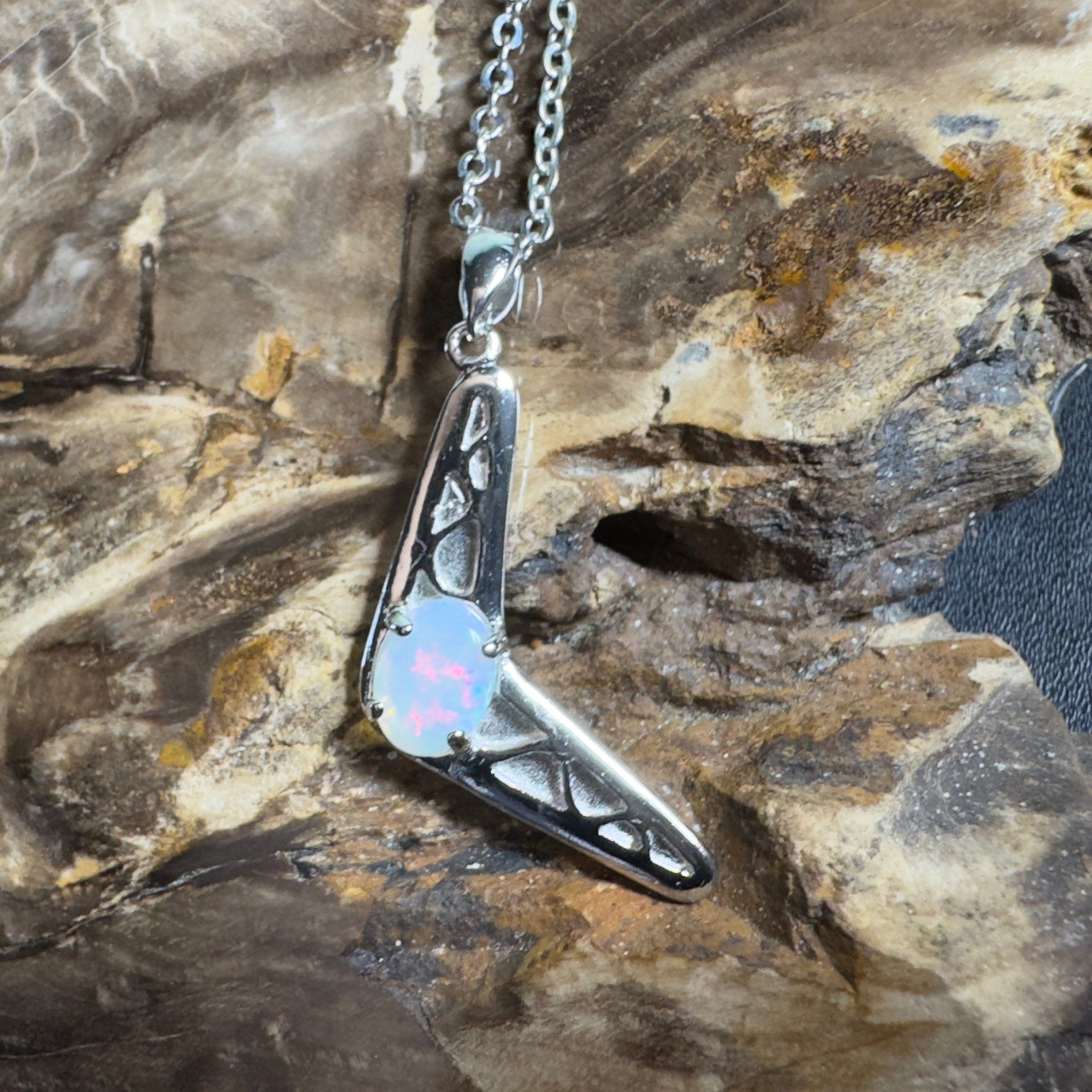 Southern Interior Glow ~ 0.8ct Coober Pedy Opal 925 Silver Boomerang Pendant
