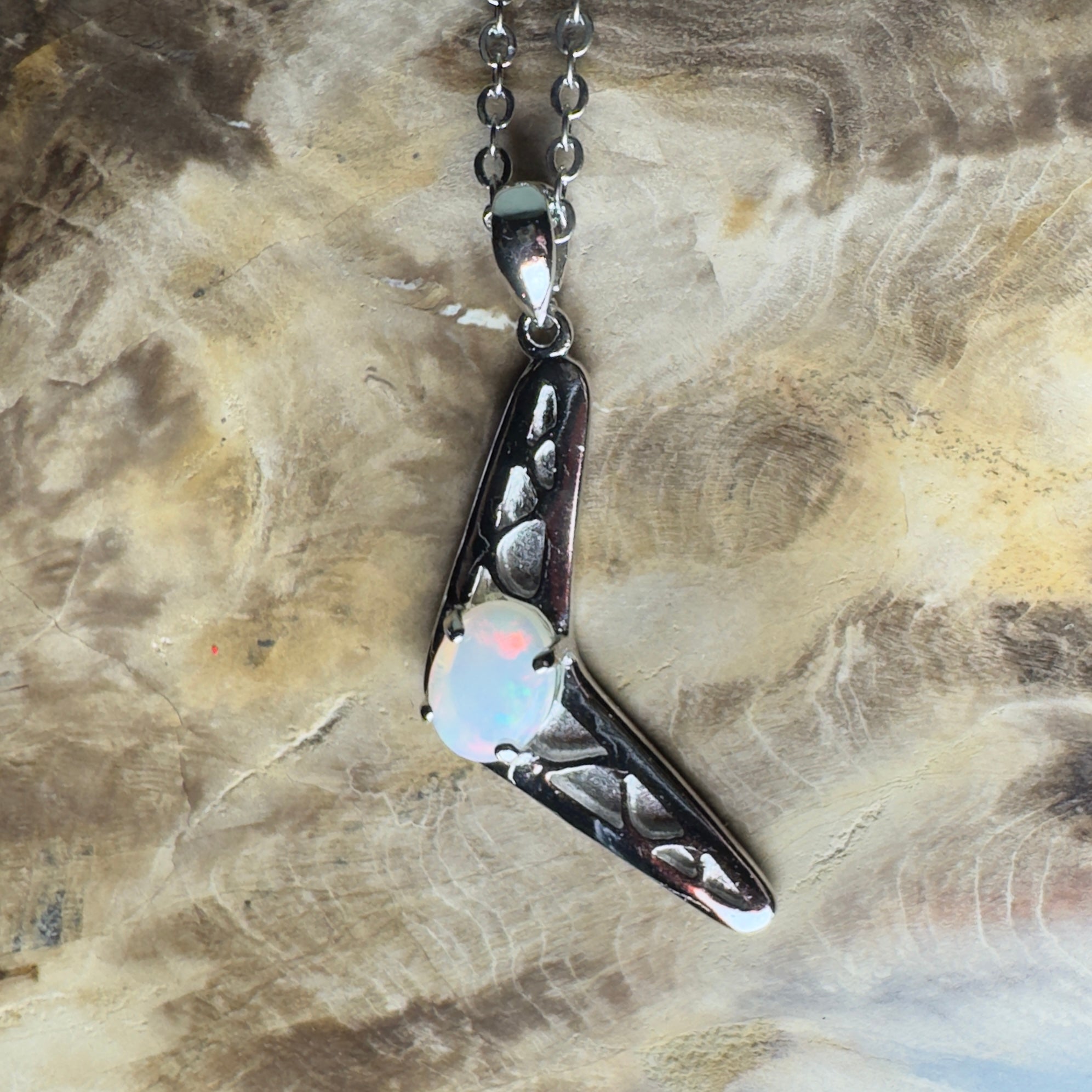 Southern Interior Glow ~ 0.8ct Coober Pedy Opal 925 Silver Boomerang Pendant