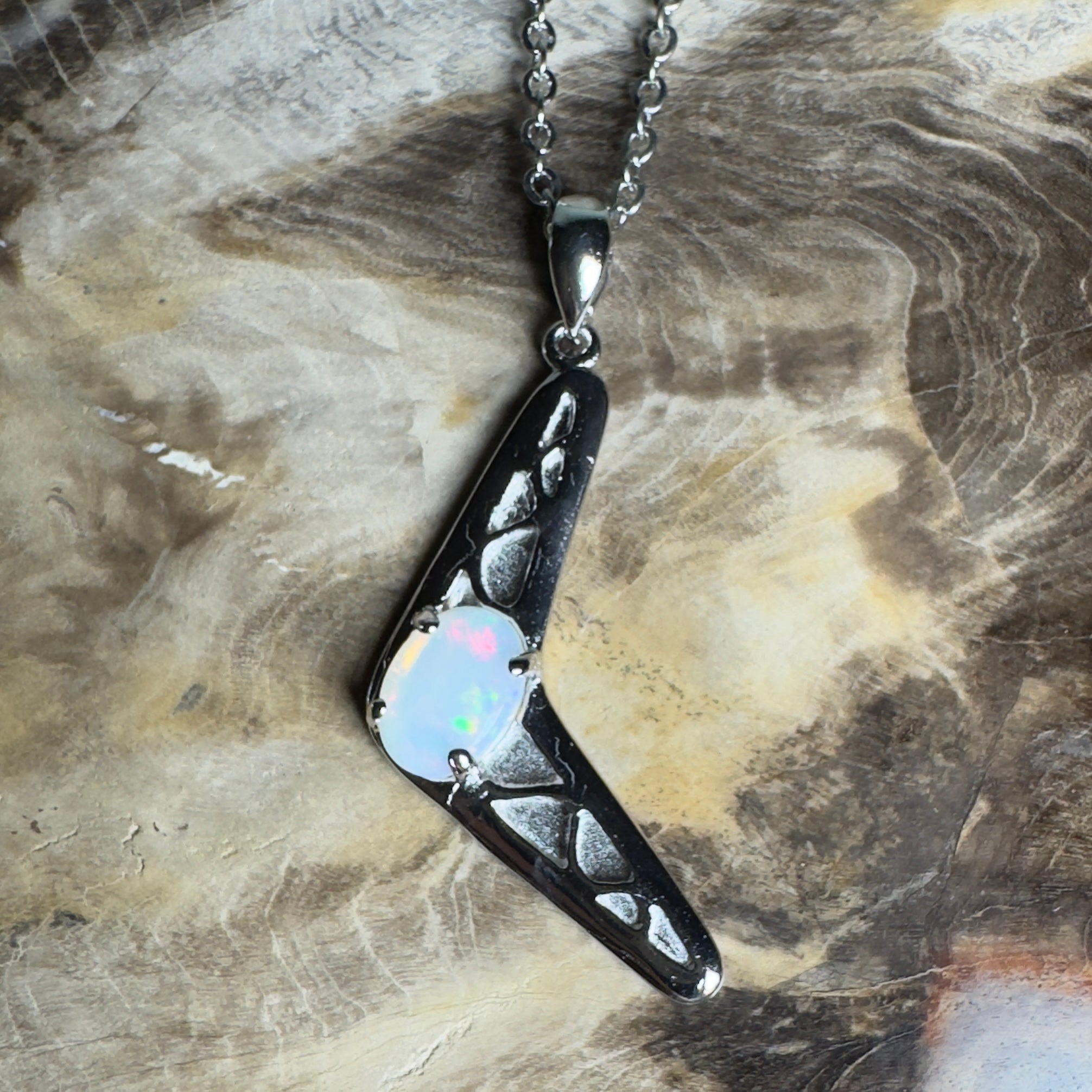 Southern Interior Glow ~ 0.8ct Coober Pedy Opal 925 Silver Boomerang Pendant