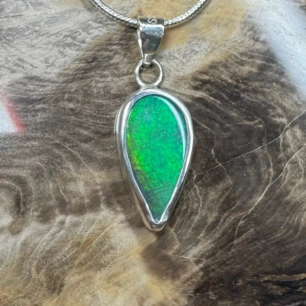 'Spring Leaf' ~ Handcrafted 5.9ct Solid Lightning Ridge Black Opal 925 Sterling Silver Pendant Necklace