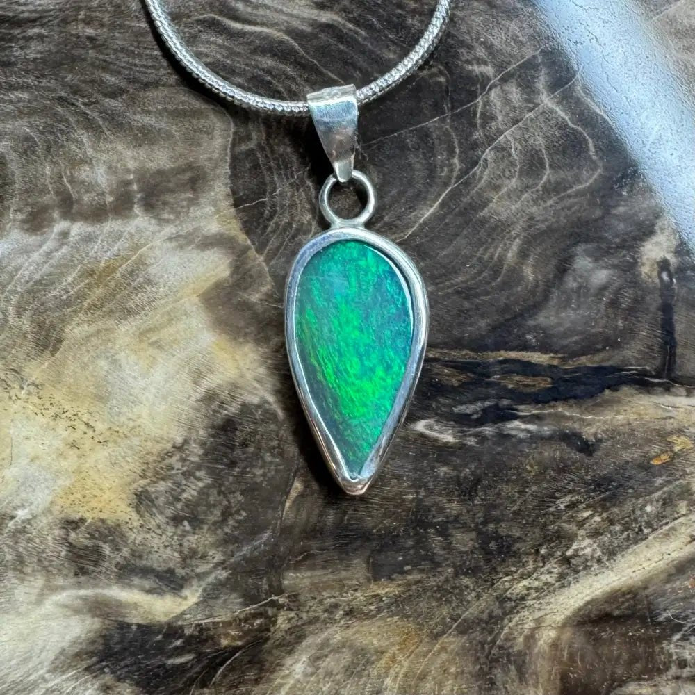 'Spring Leaf' ~ Handcrafted 5.9ct Solid Lightning Ridge Black Opal 925 Sterling Silver Pendant Necklace