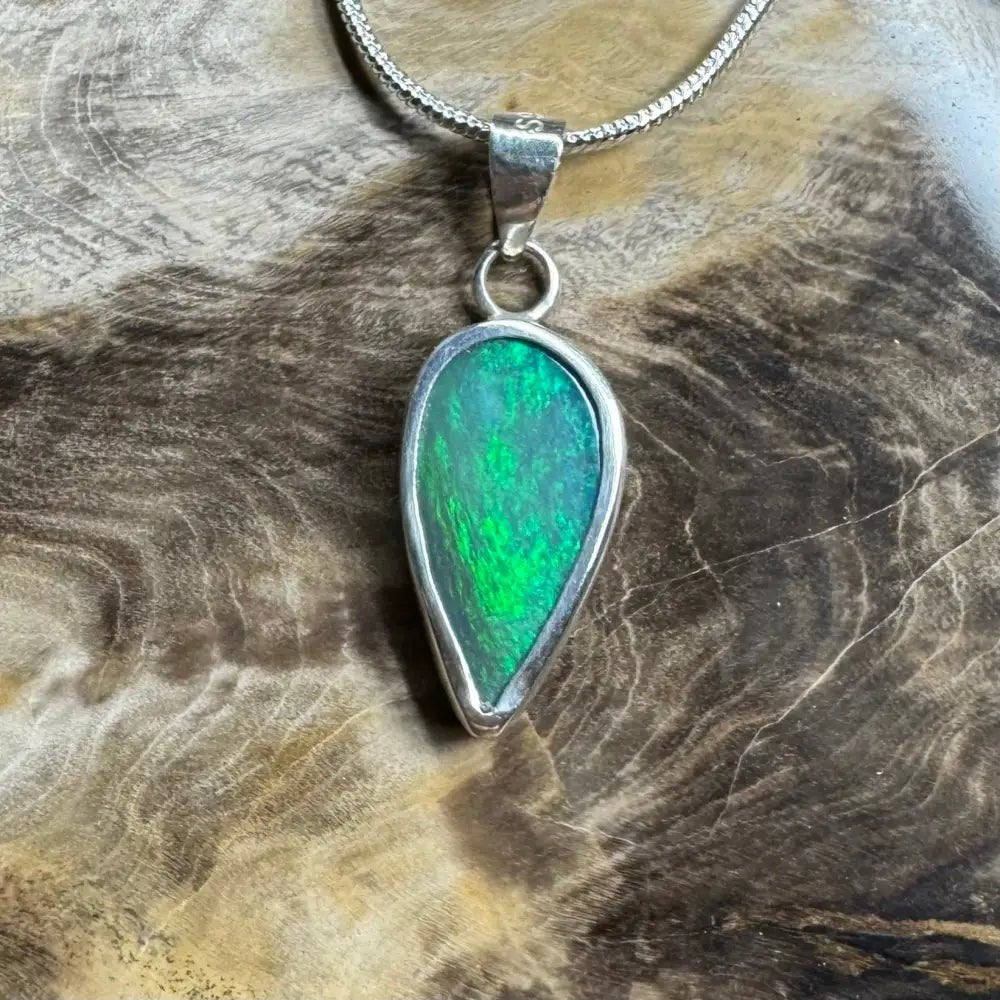 'Spring Leaf' ~ Handcrafted 5.9ct Solid Lightning Ridge Black Opal 925 Sterling Silver Pendant Necklace