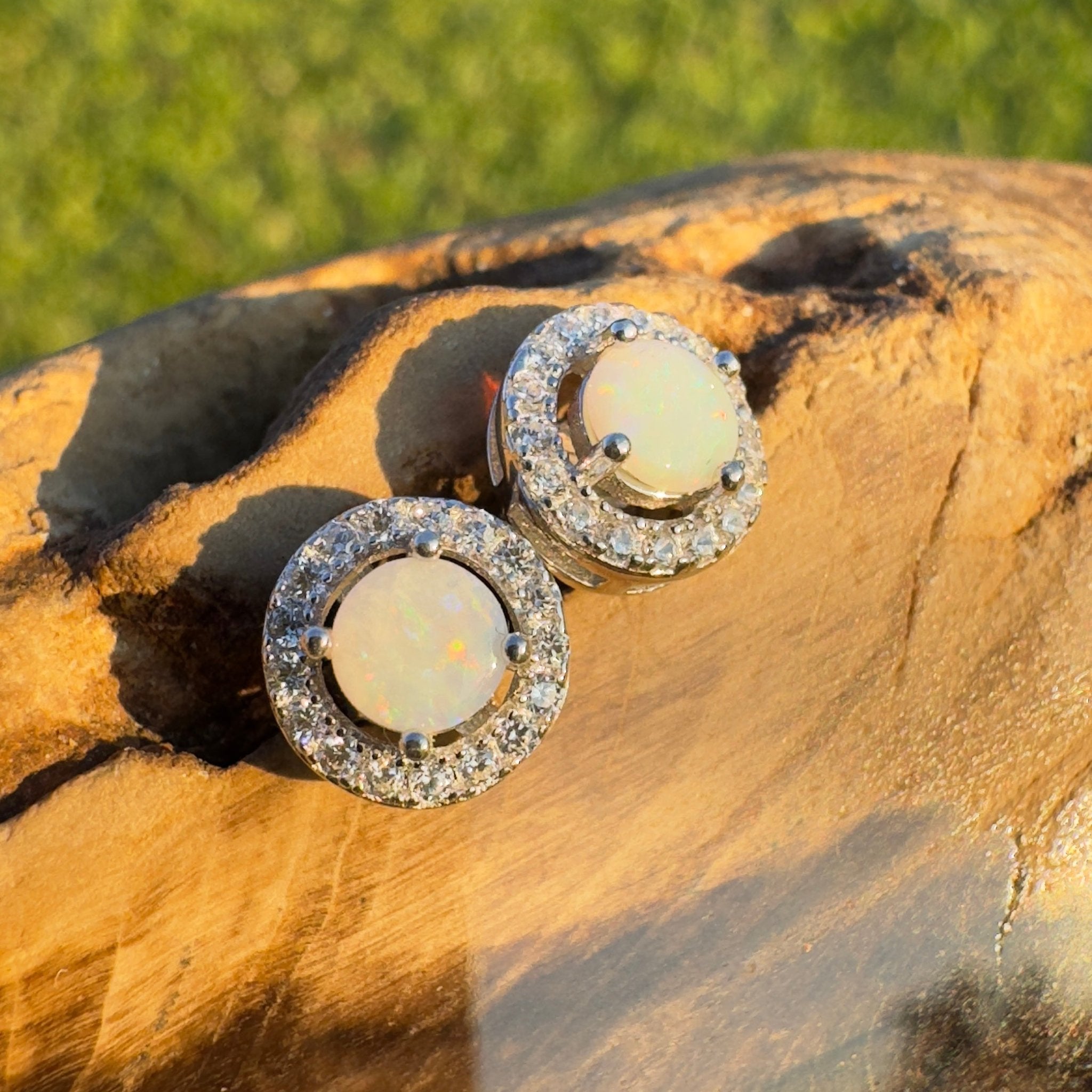 Starlight Glow - Handcrafted 1.0ct Coober Pedy Opal Earrings – Silver Halo Elegance.