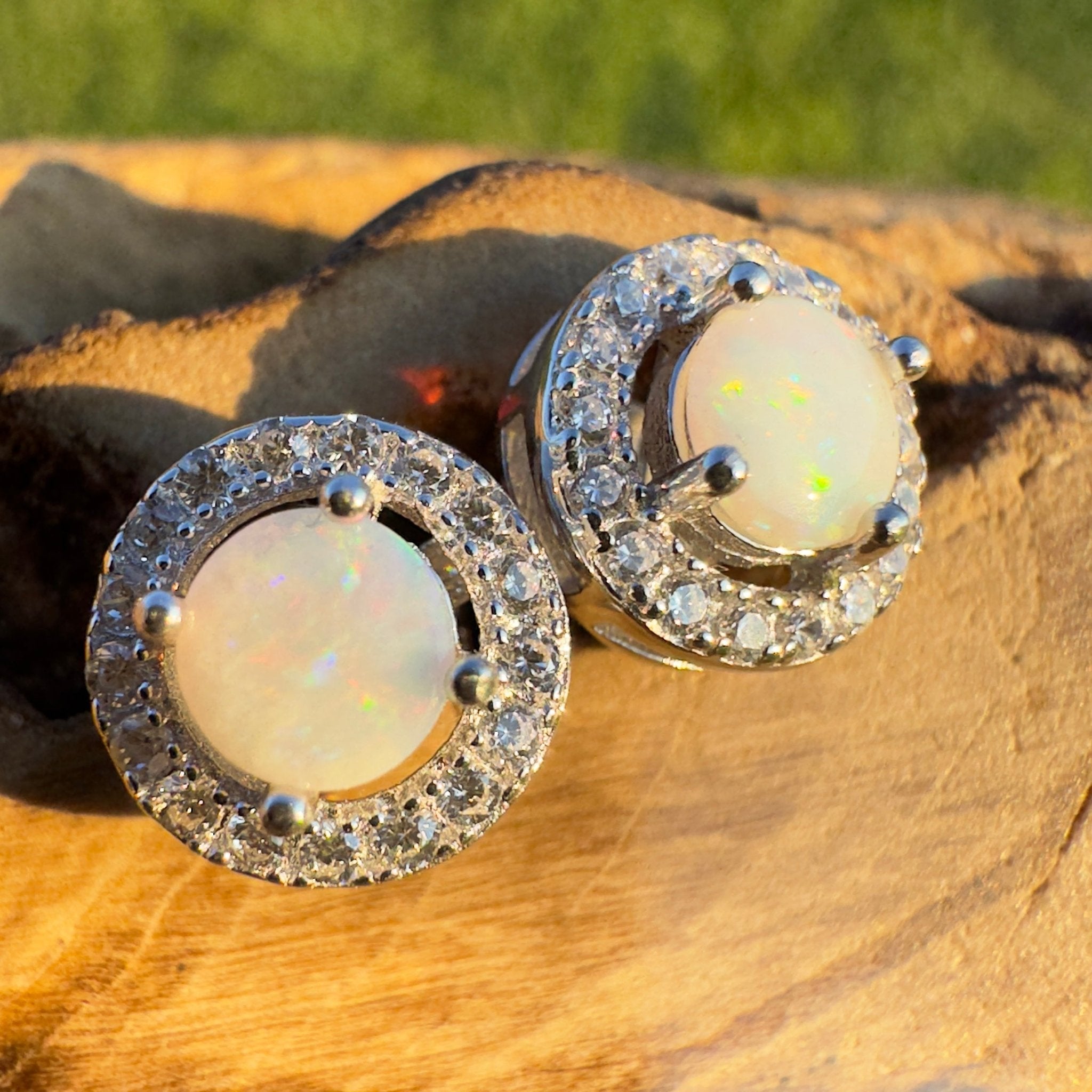 Starlight Glow - Handcrafted 1.0ct Coober Pedy Opal Earrings – Silver Halo Elegance.