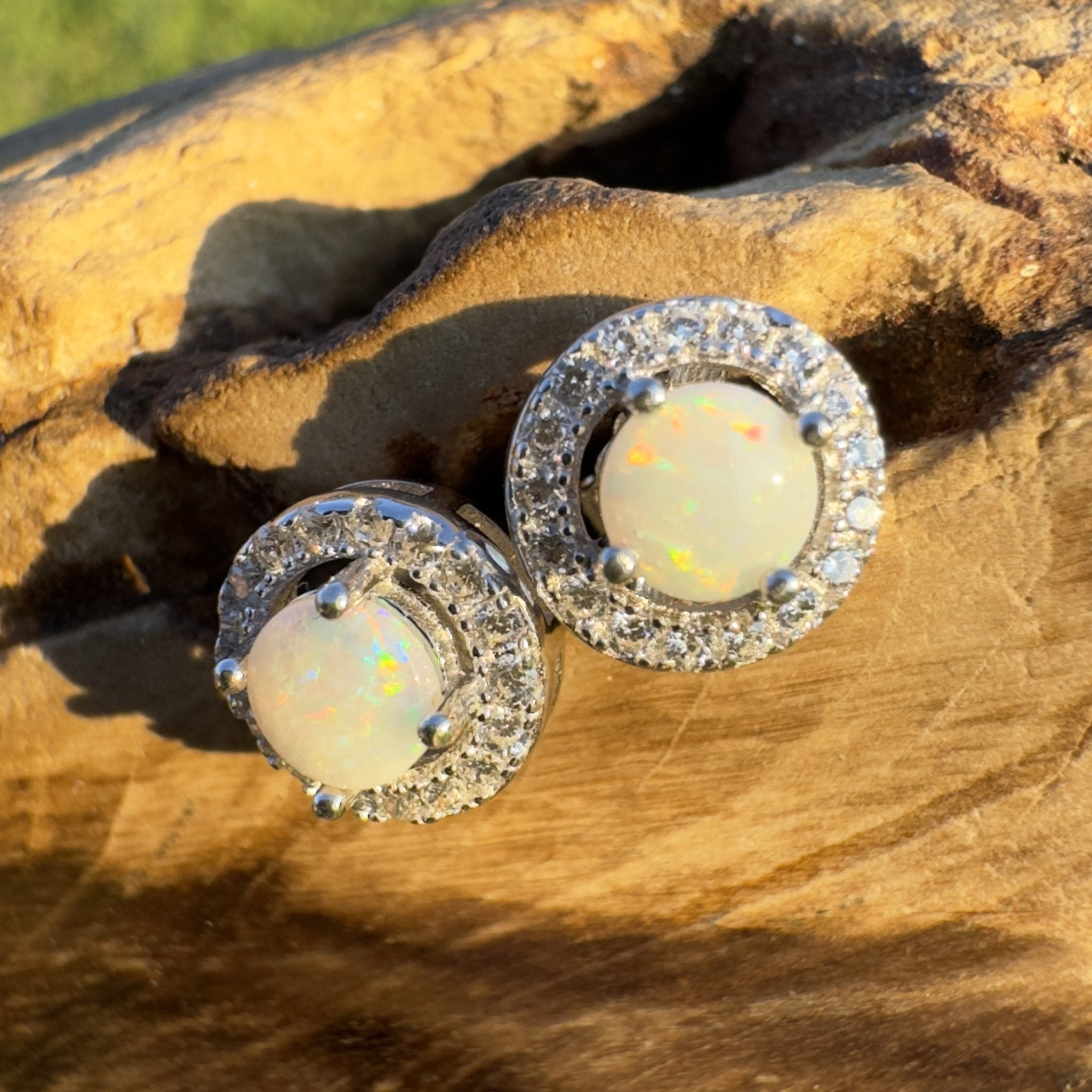 Starlight Glow - Handcrafted 1.0ct Coober Pedy Opal Earrings – Silver Halo Elegance.