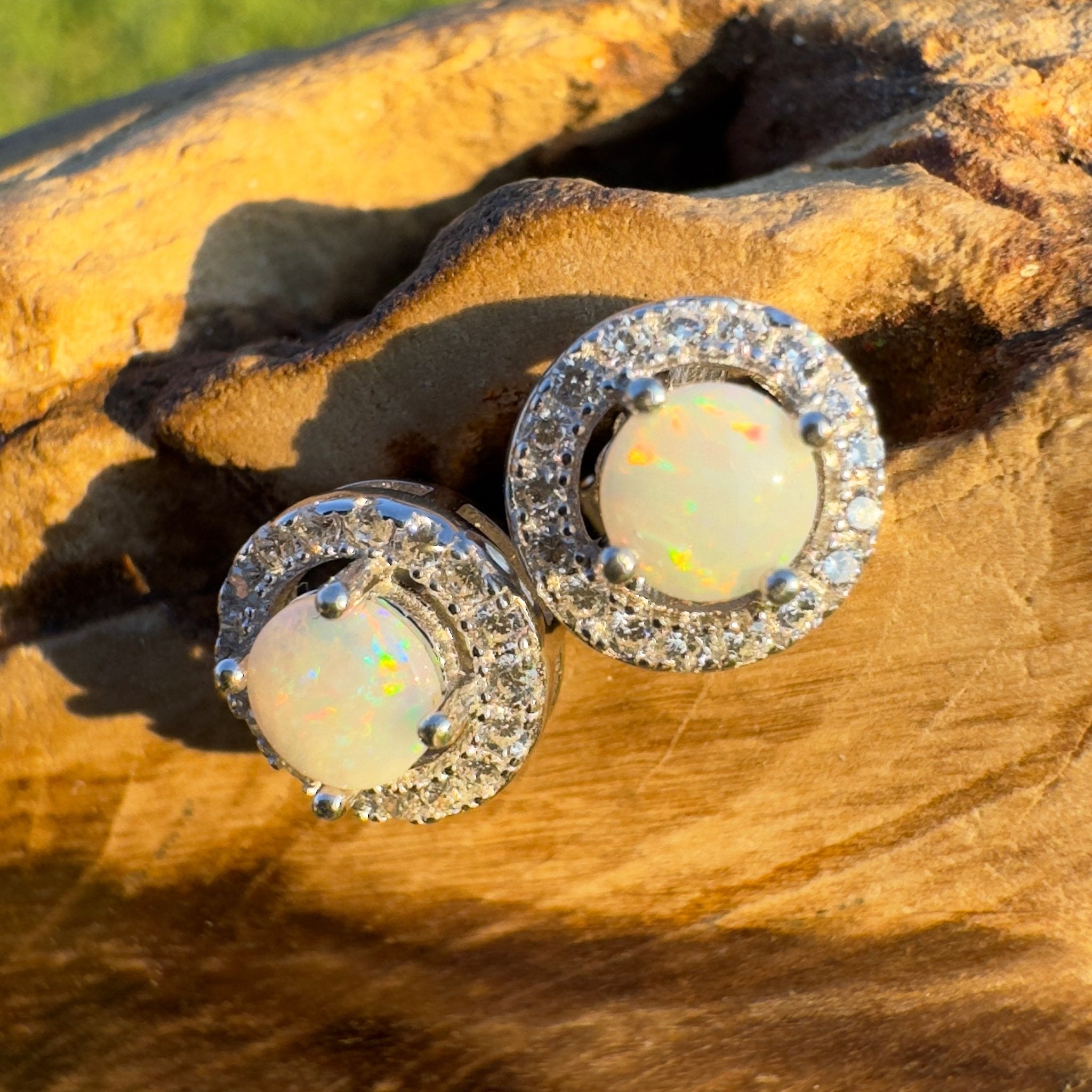 Starlight Glow - Handcrafted 1.0ct Coober Pedy Opal Earrings – Silver Halo Elegance.