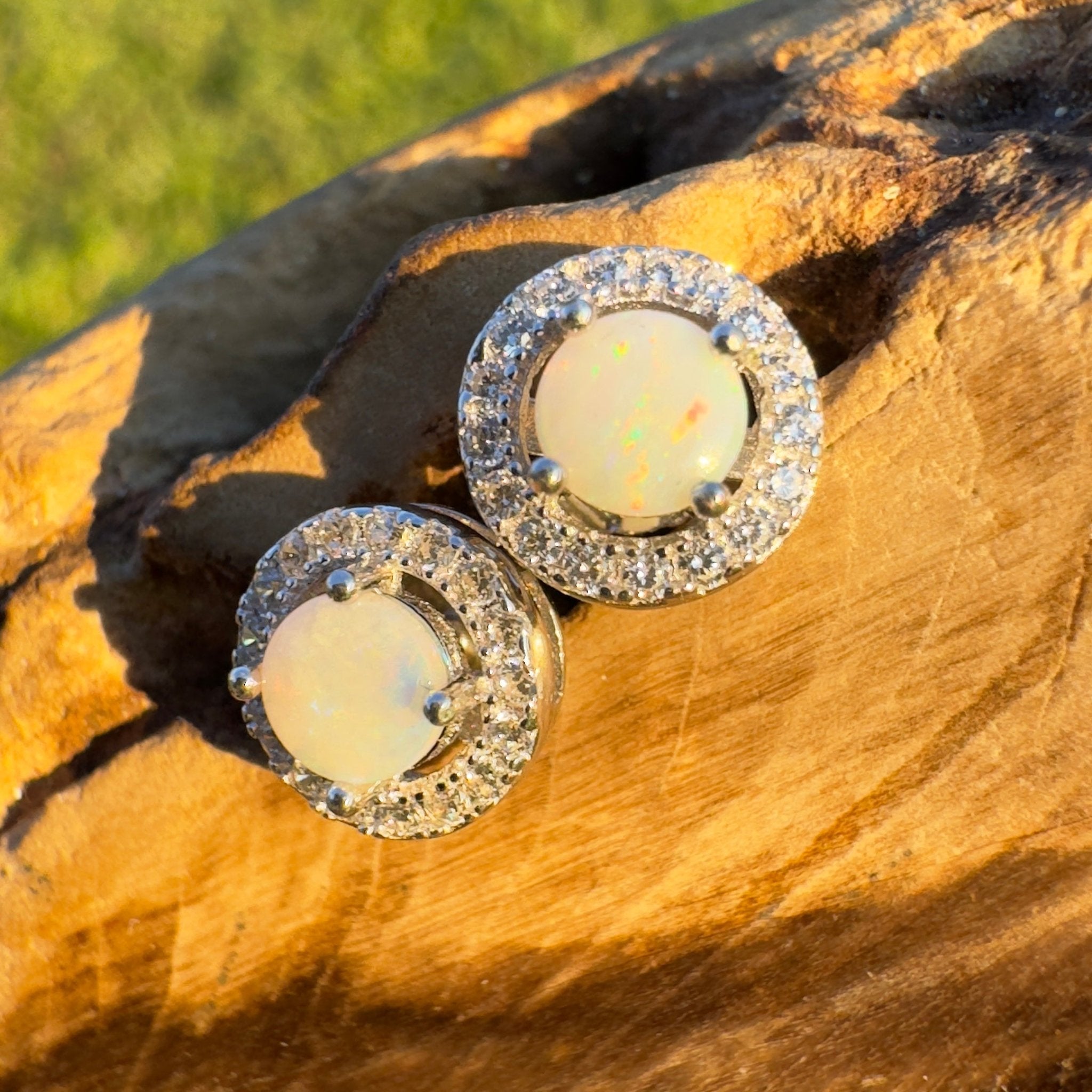 Starlight Glow - Handcrafted 1.0ct Coober Pedy Opal Earrings – Silver Halo Elegance.