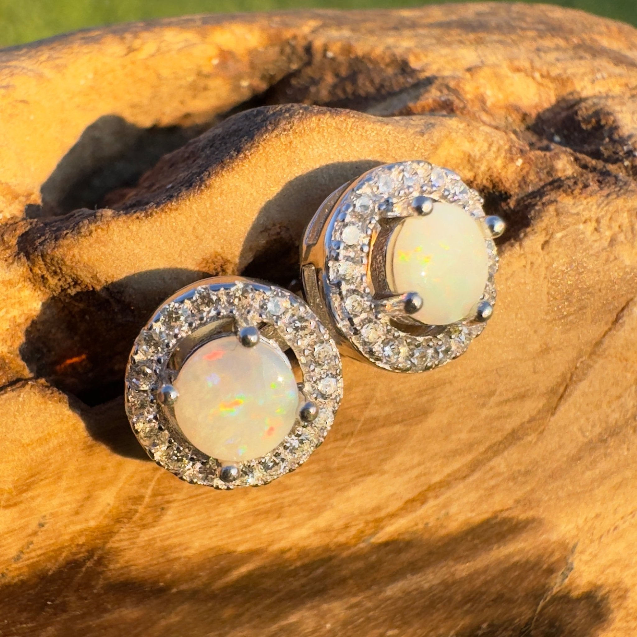 Starlight Glow - Handcrafted 1.0ct Coober Pedy Opal Earrings – Silver Halo Elegance.