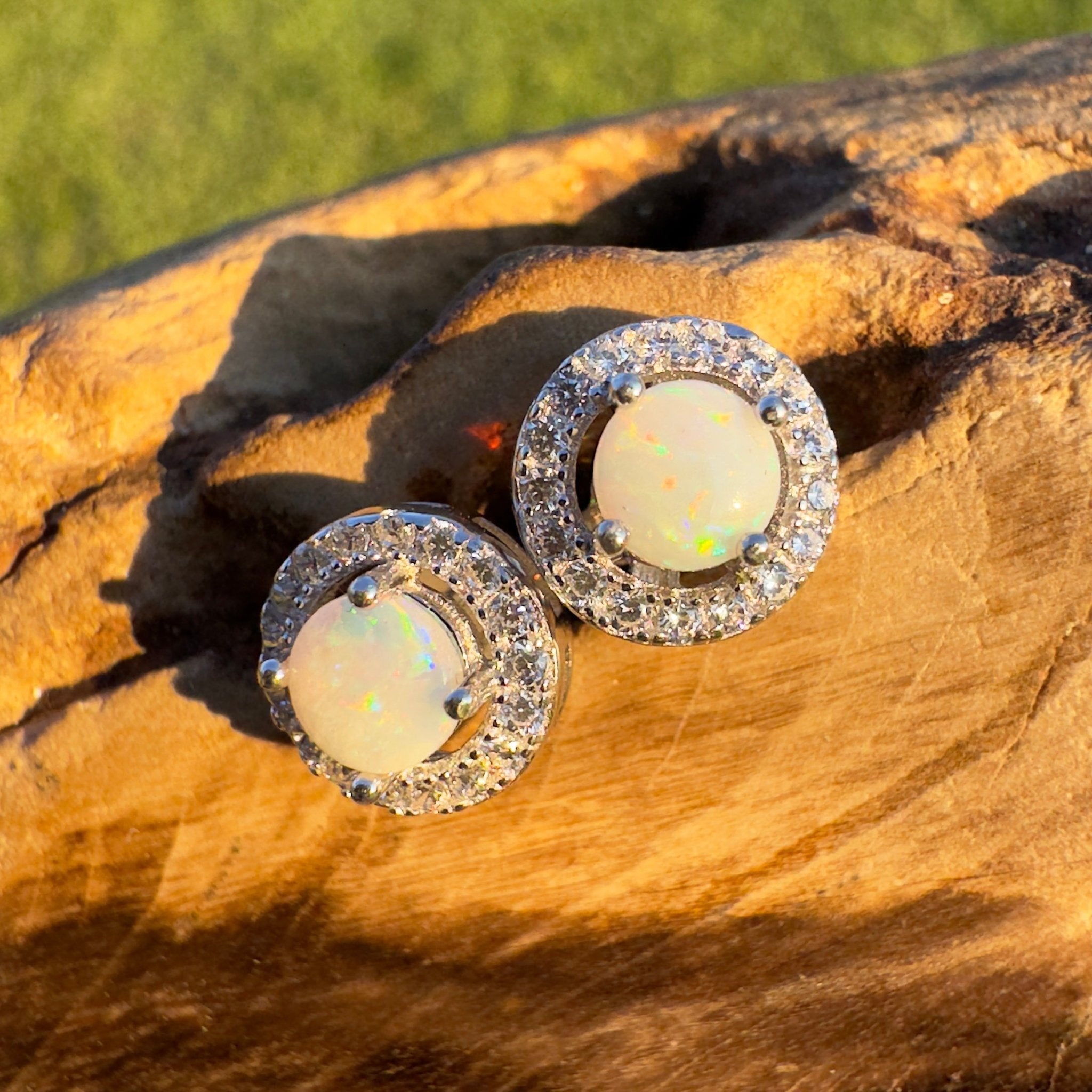 Starlight Glow - Handcrafted 1.0ct Coober Pedy Opal Earrings – Silver Halo Elegance.