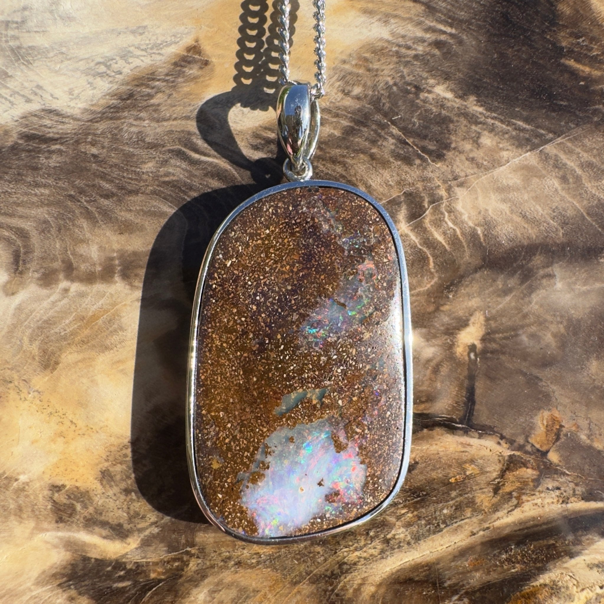 Sunset Reef Drift ~ Queensland Boulder Opal 925 Sterling Silver Pendant Necklace
