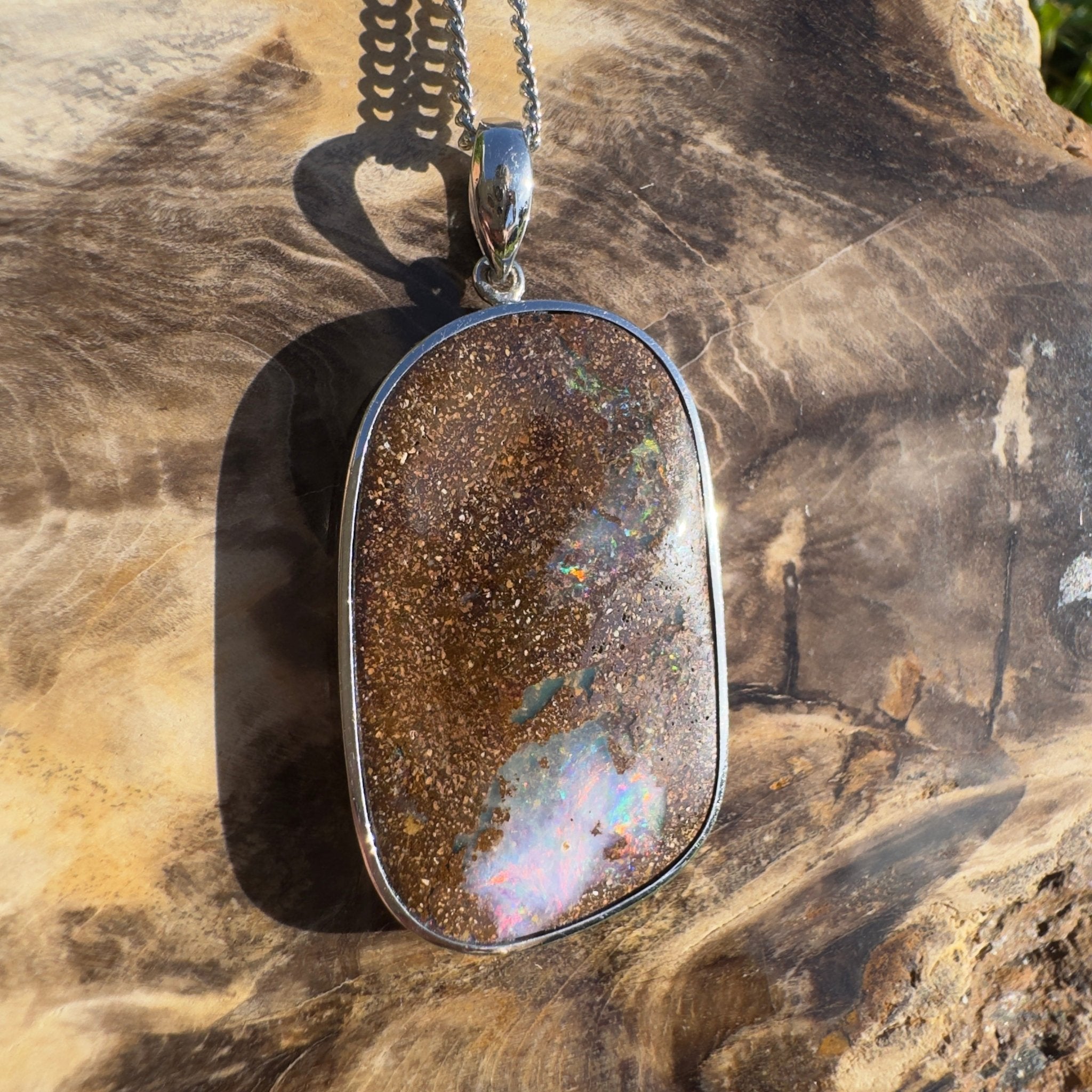 Sunset Reef Drift ~ Queensland Boulder Opal 925 Sterling Silver Pendant Necklace