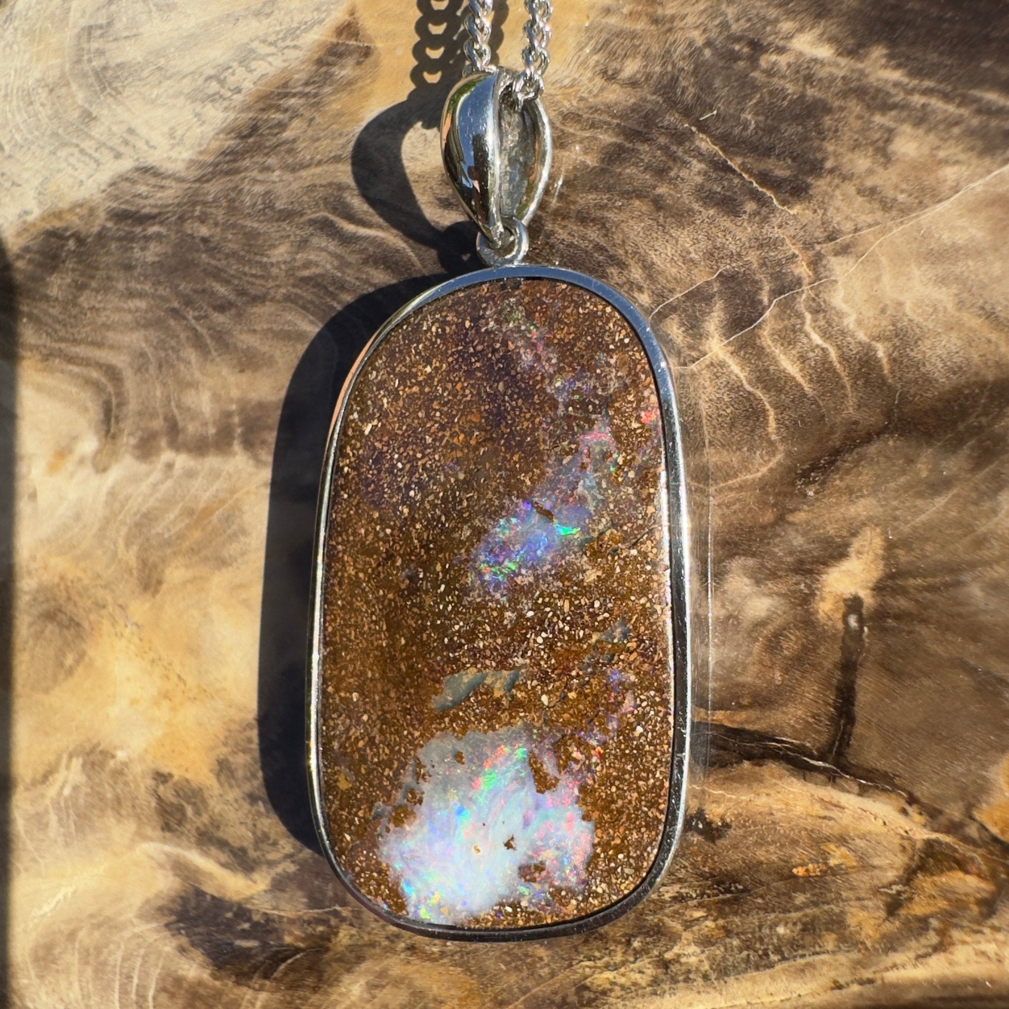 Sunset Reef Drift ~ Queensland Boulder Opal 925 Sterling Silver Pendant Necklace