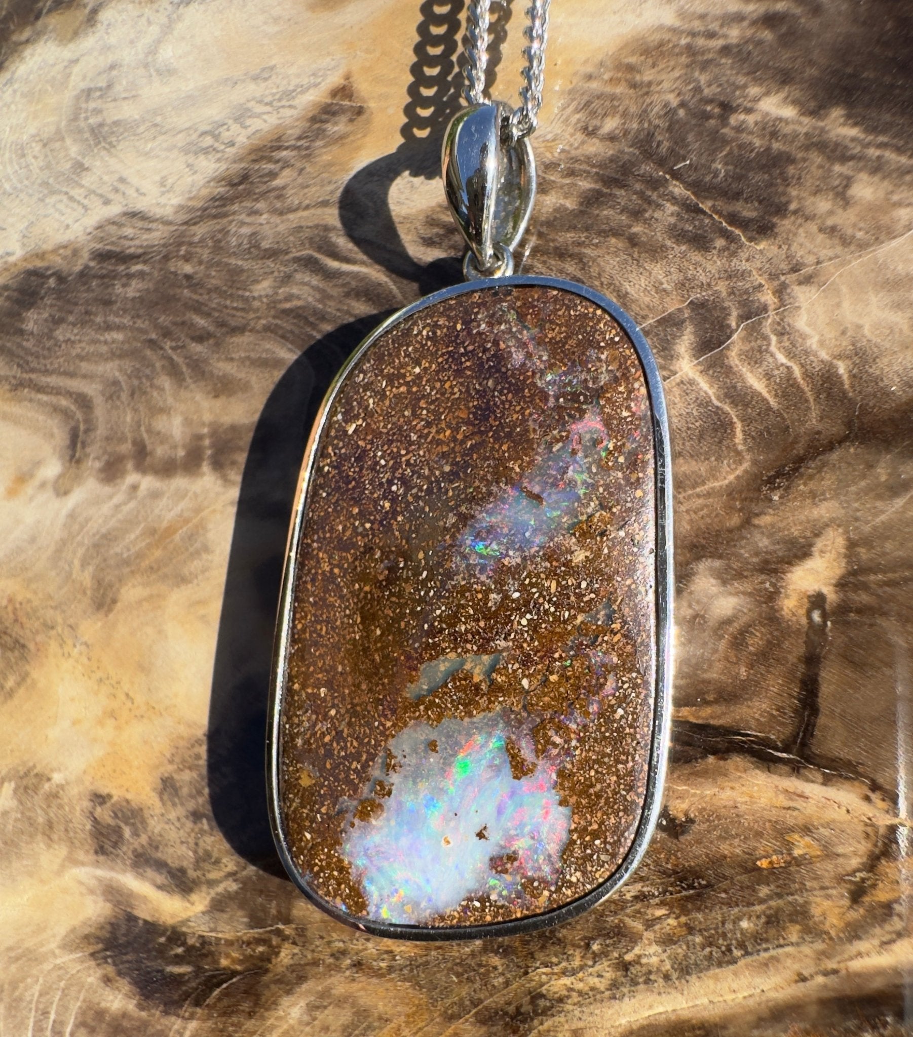Sunset Reef Drift ~ Queensland Boulder Opal 925 Sterling Silver Pendant Necklace