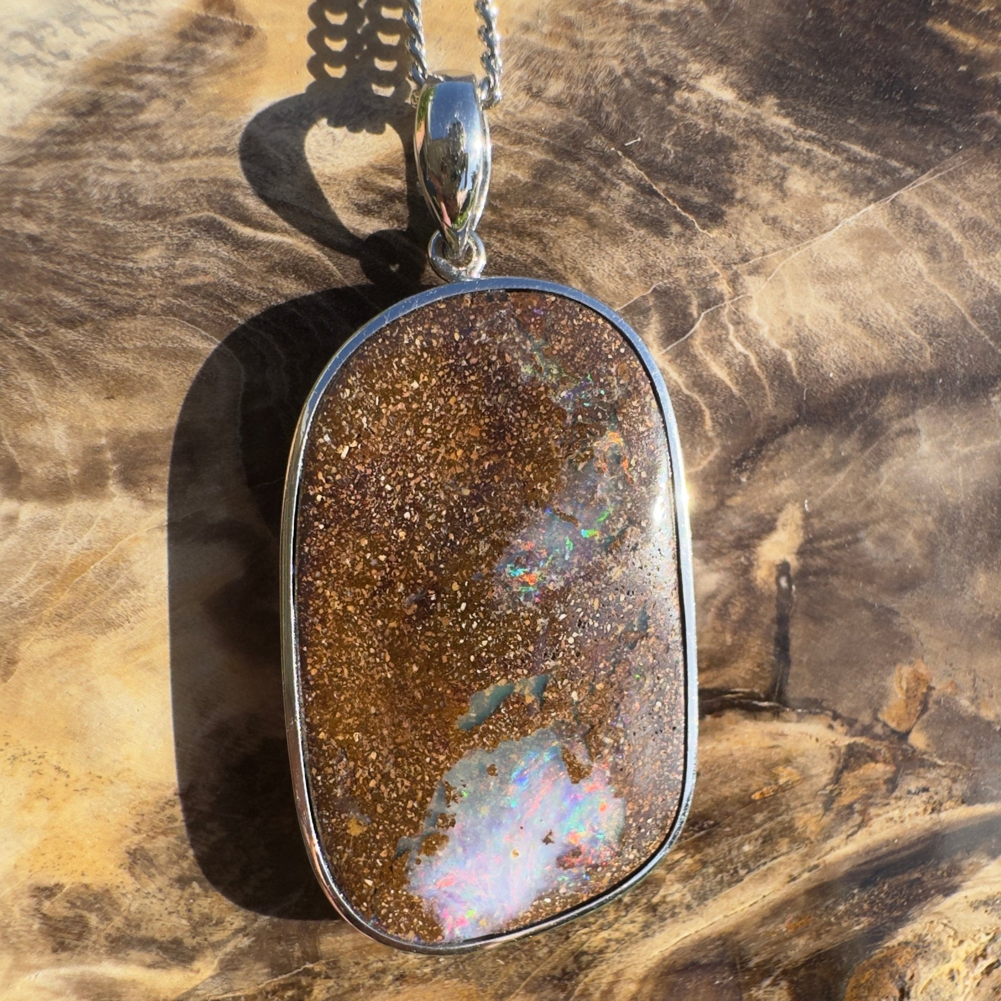 Sunset Reef Drift ~ Queensland Boulder Opal 925 Sterling Silver Pendant Necklace