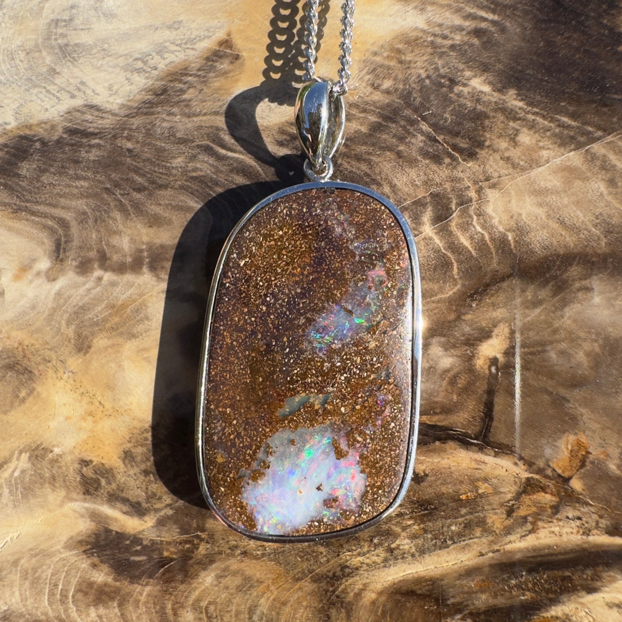 Sunset Reef Drift ~ Queensland Boulder Opal 925 Sterling Silver Pendant Necklace