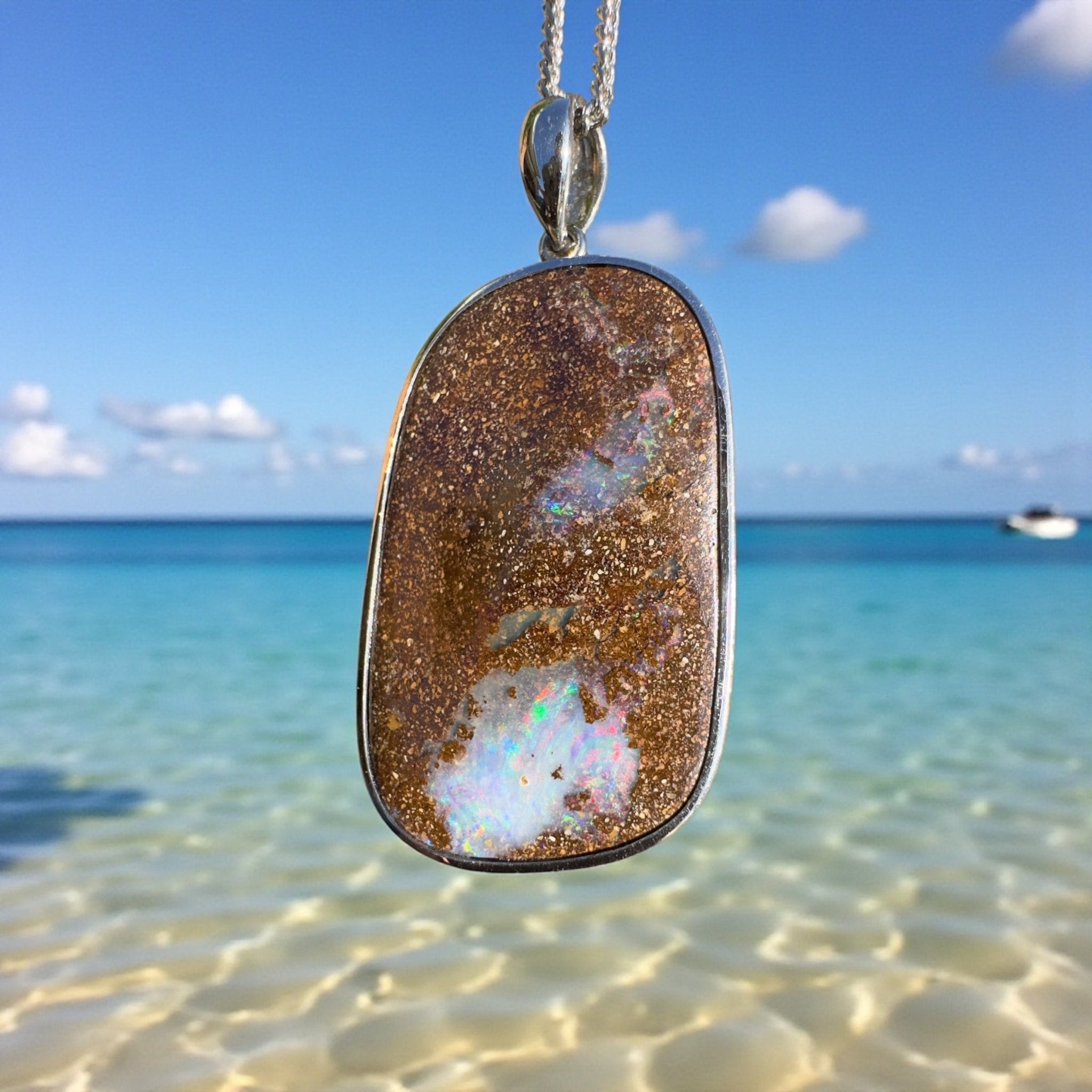 Sunset Reef Drift ~ Queensland Boulder Opal 925 Sterling Silver Pendant Necklace