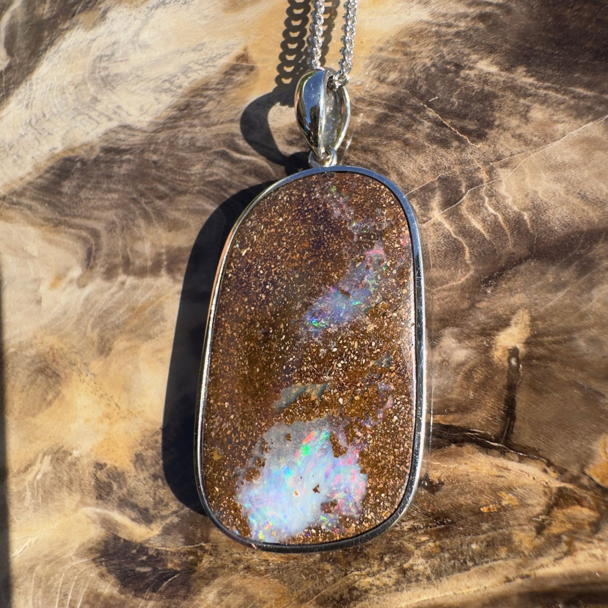 Sunset Reef Drift ~ Queensland Boulder Opal 925 Sterling Silver Pendant Necklace
