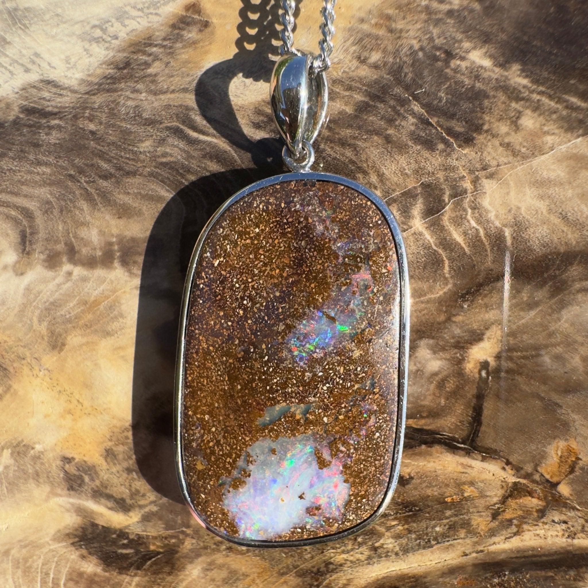Sunset Reef Drift ~ Queensland Boulder Opal 925 Sterling Silver Pendant Necklace