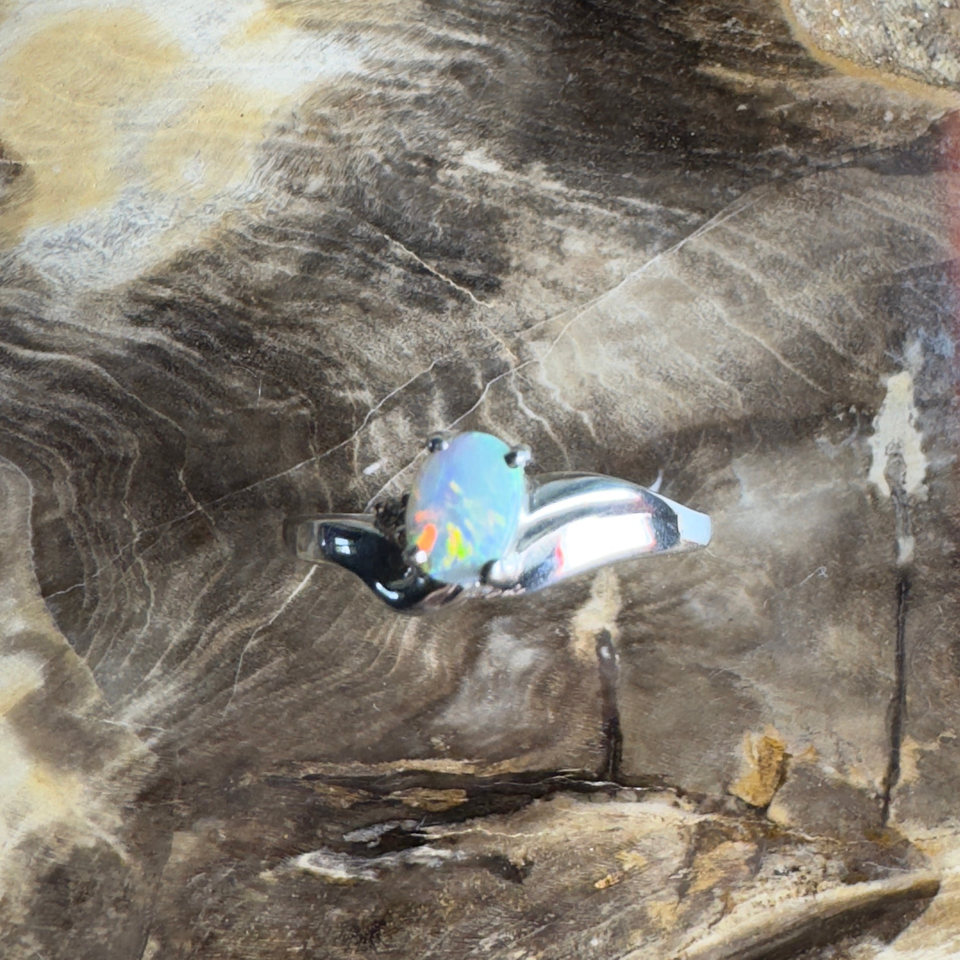 Tasman Break – 0.5ct Solid Lightning Ridge Semi Black Opal 925 Sterling Silver Ring