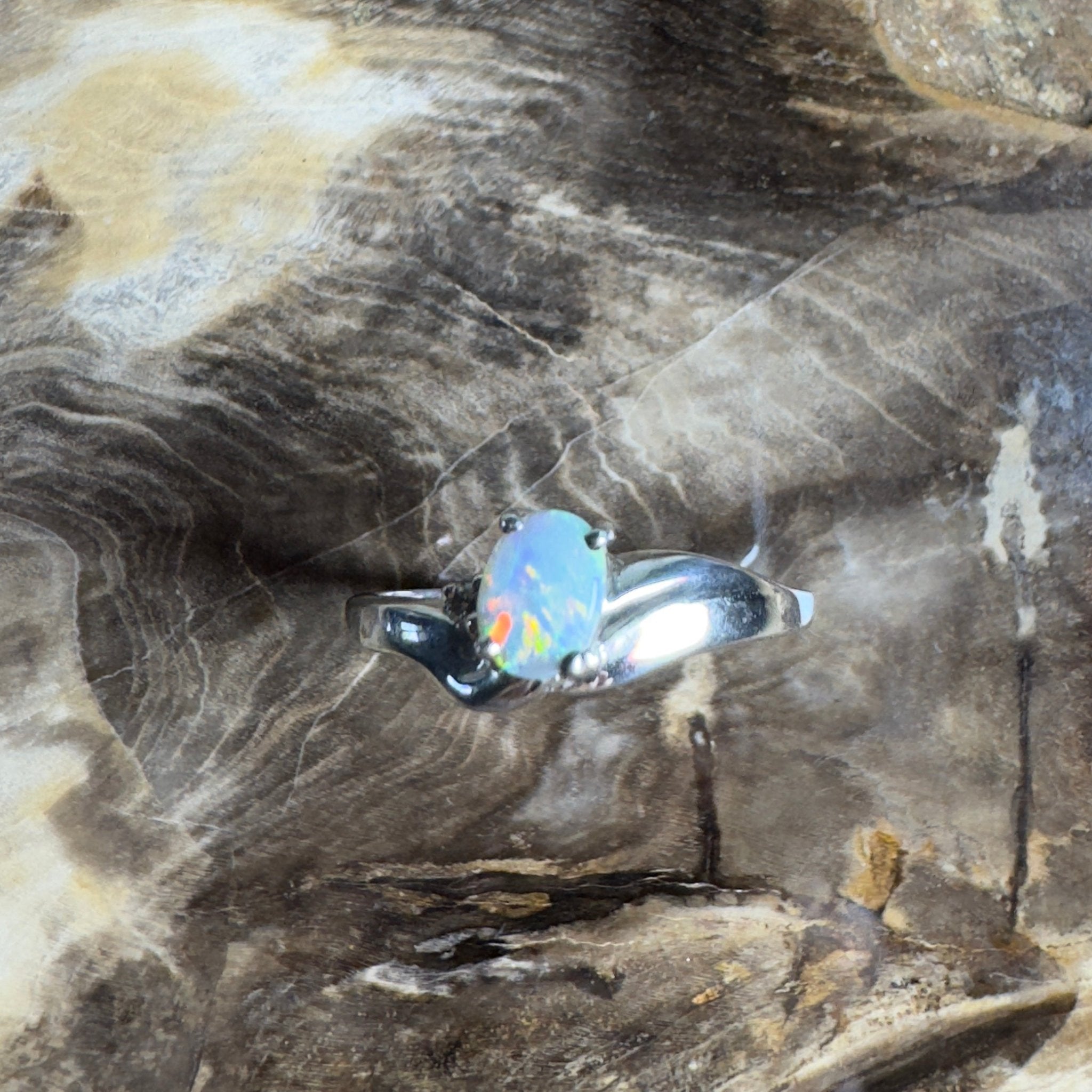 Tasman Break – 0.5ct Solid Lightning Ridge Semi Black Opal 925 Sterling Silver Ring