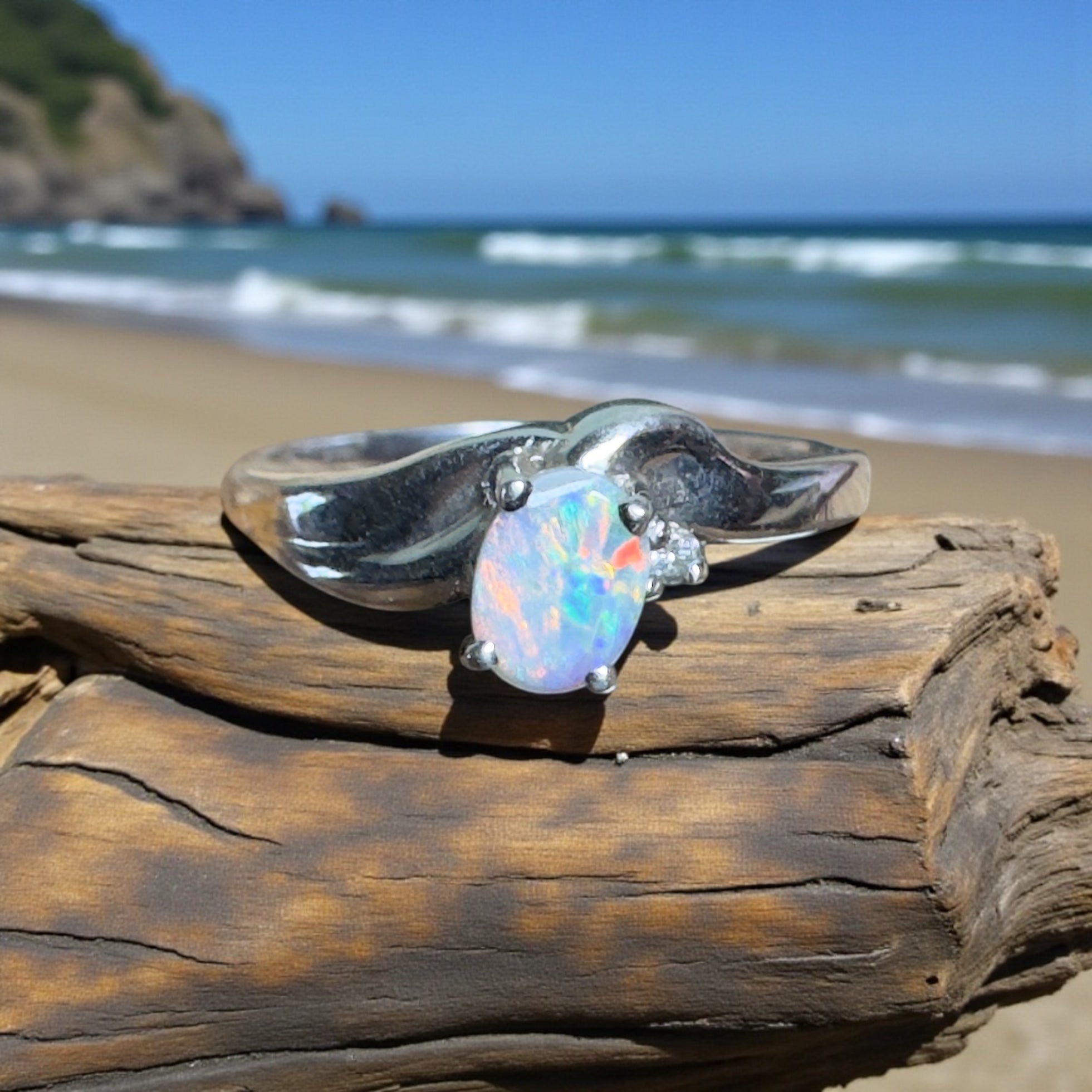 Tasman Break – 0.5ct Solid Lightning Ridge Semi Black Opal 925 Sterling Silver Ring