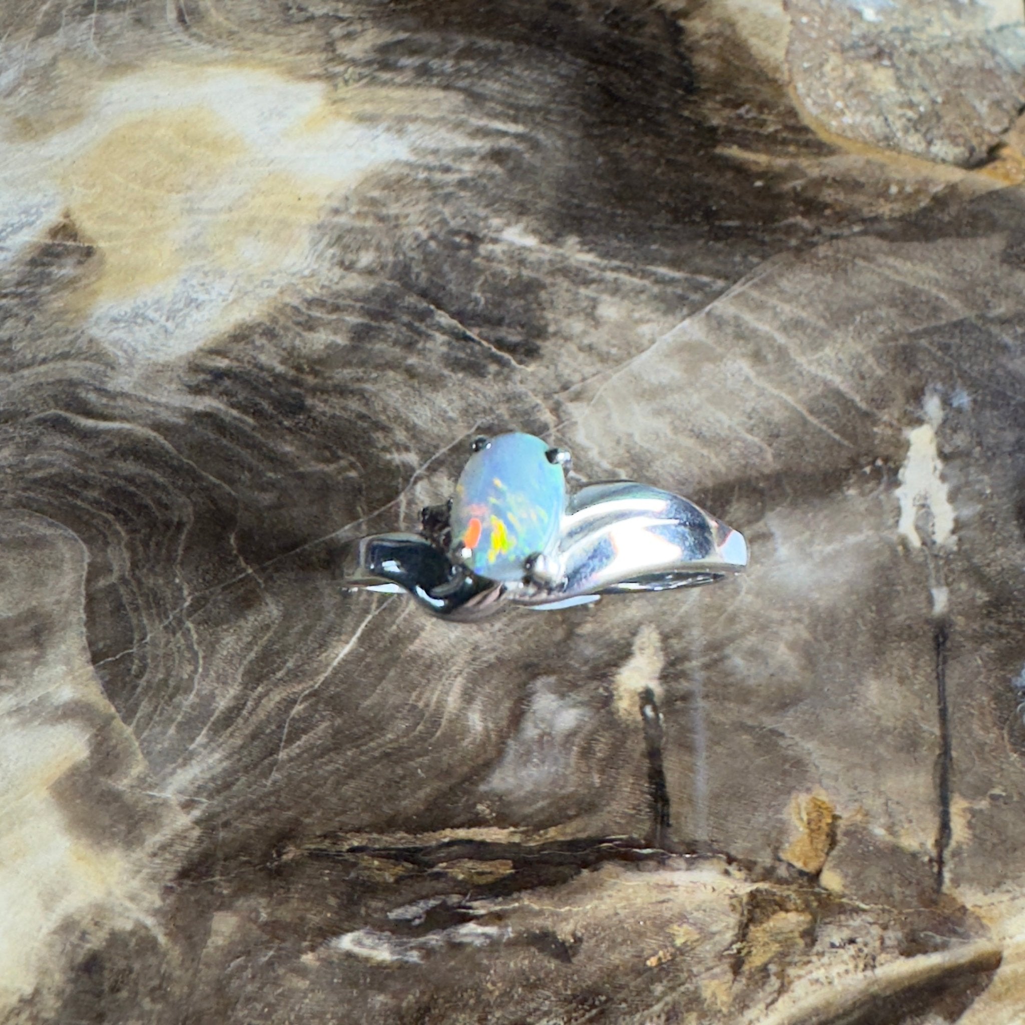Tasman Break – 0.5ct Solid Lightning Ridge Semi Black Opal 925 Sterling Silver Ring