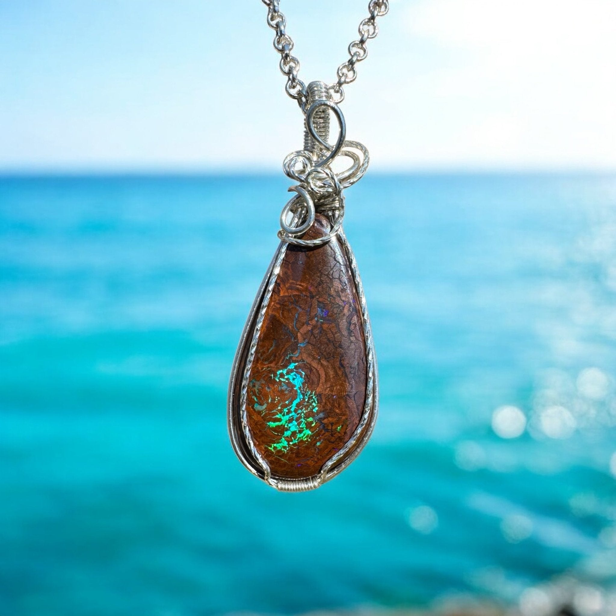 Tasman Flicker ~ 28ct Solid Queensland Boulder Opal 925 Sterling Silver Wire Wrap Pendant