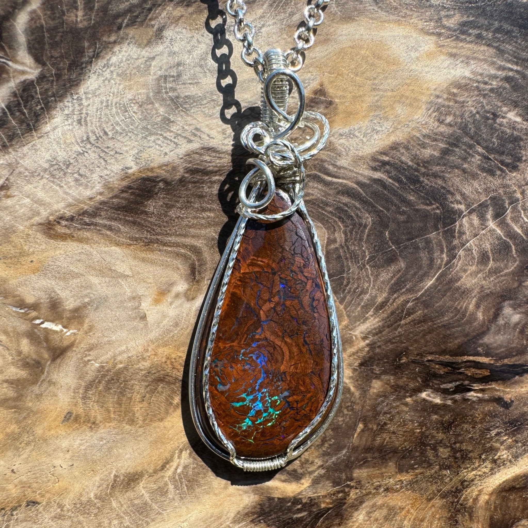 Tasman Flicker ~ 28ct Solid Queensland Boulder Opal 925 Sterling Silver Wire Wrap Pendant