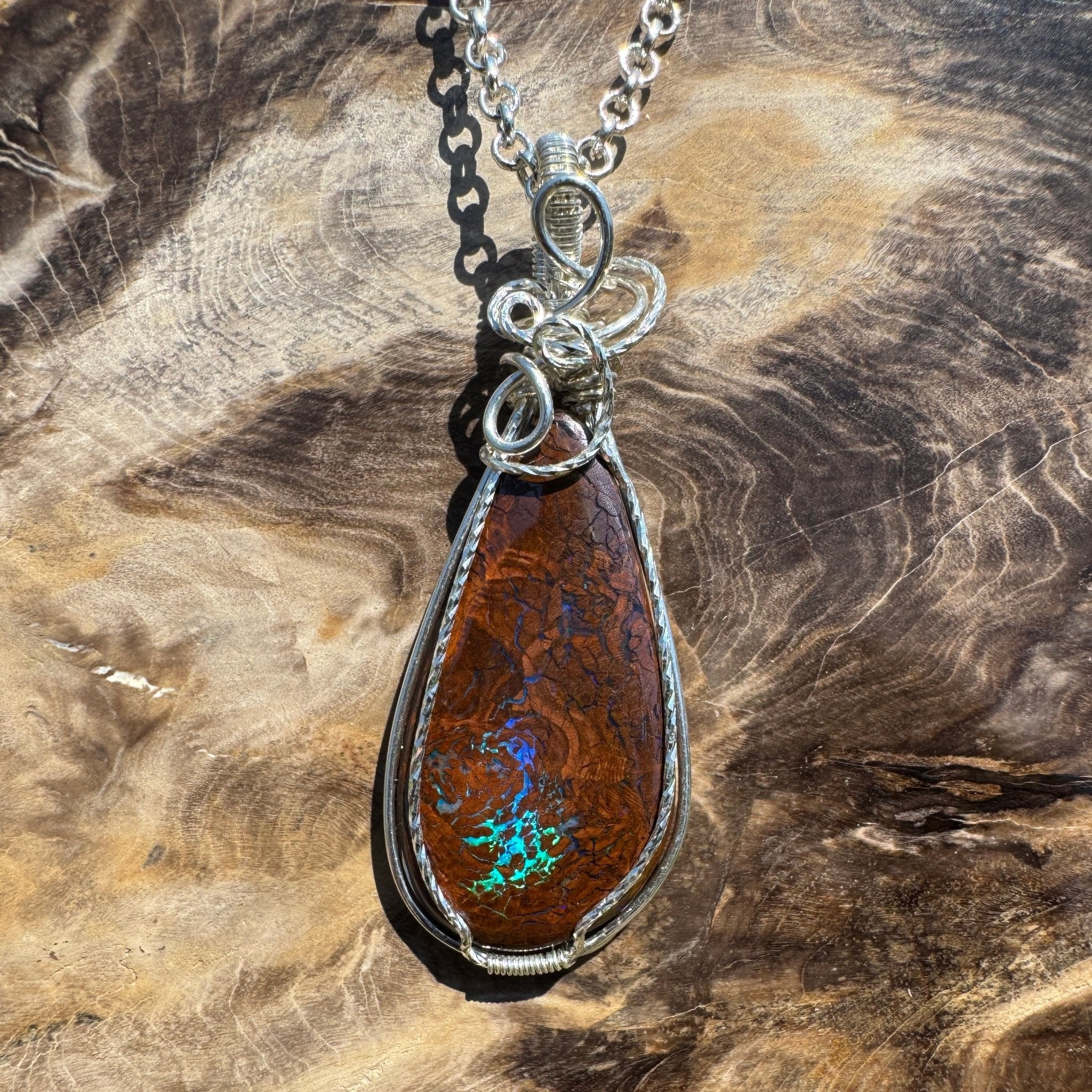 Tasman Flicker ~ 28ct Solid Queensland Boulder Opal 925 Sterling Silver Wire Wrap Pendant