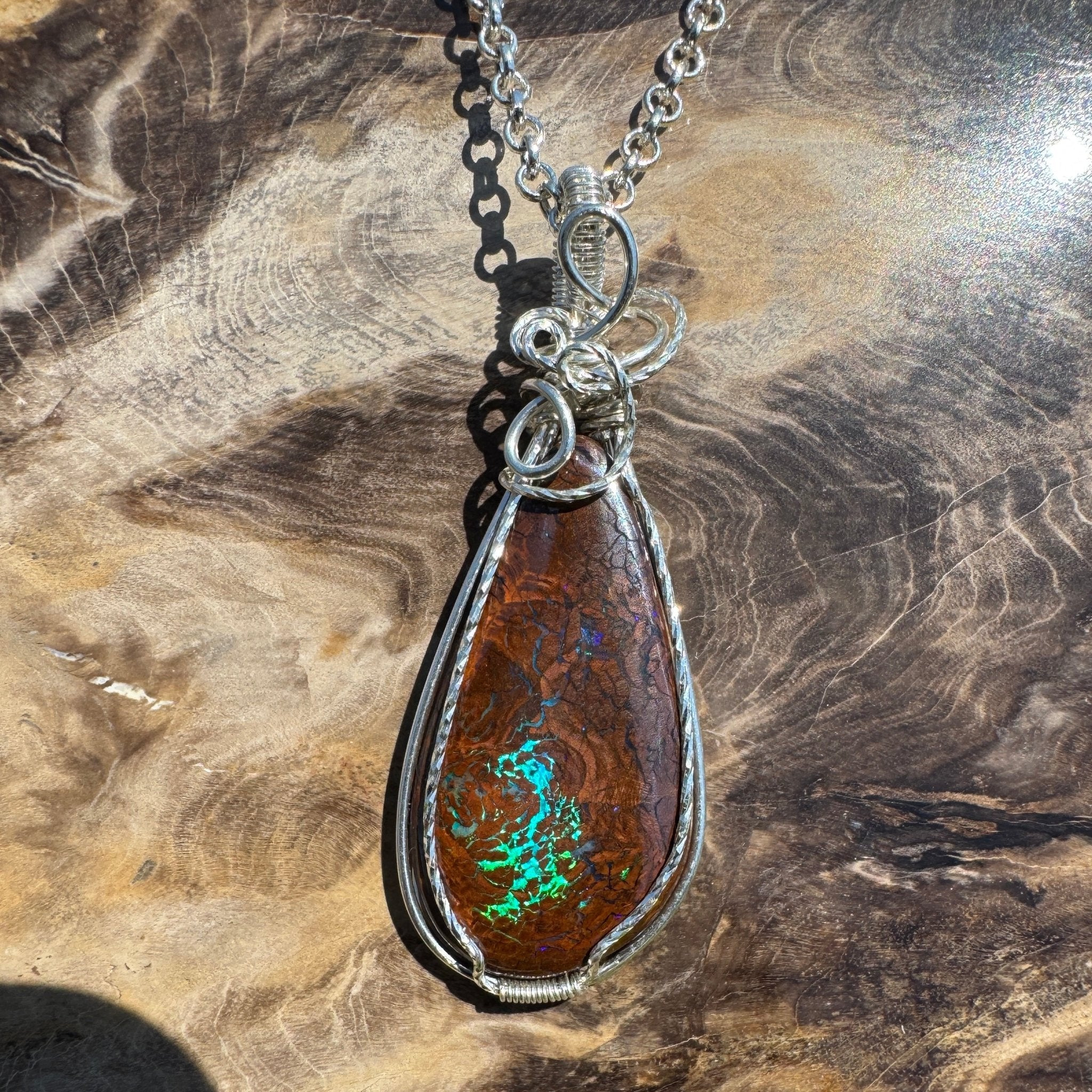 Tasman Flicker ~ 28ct Solid Queensland Boulder Opal 925 Sterling Silver Wire Wrap Pendant