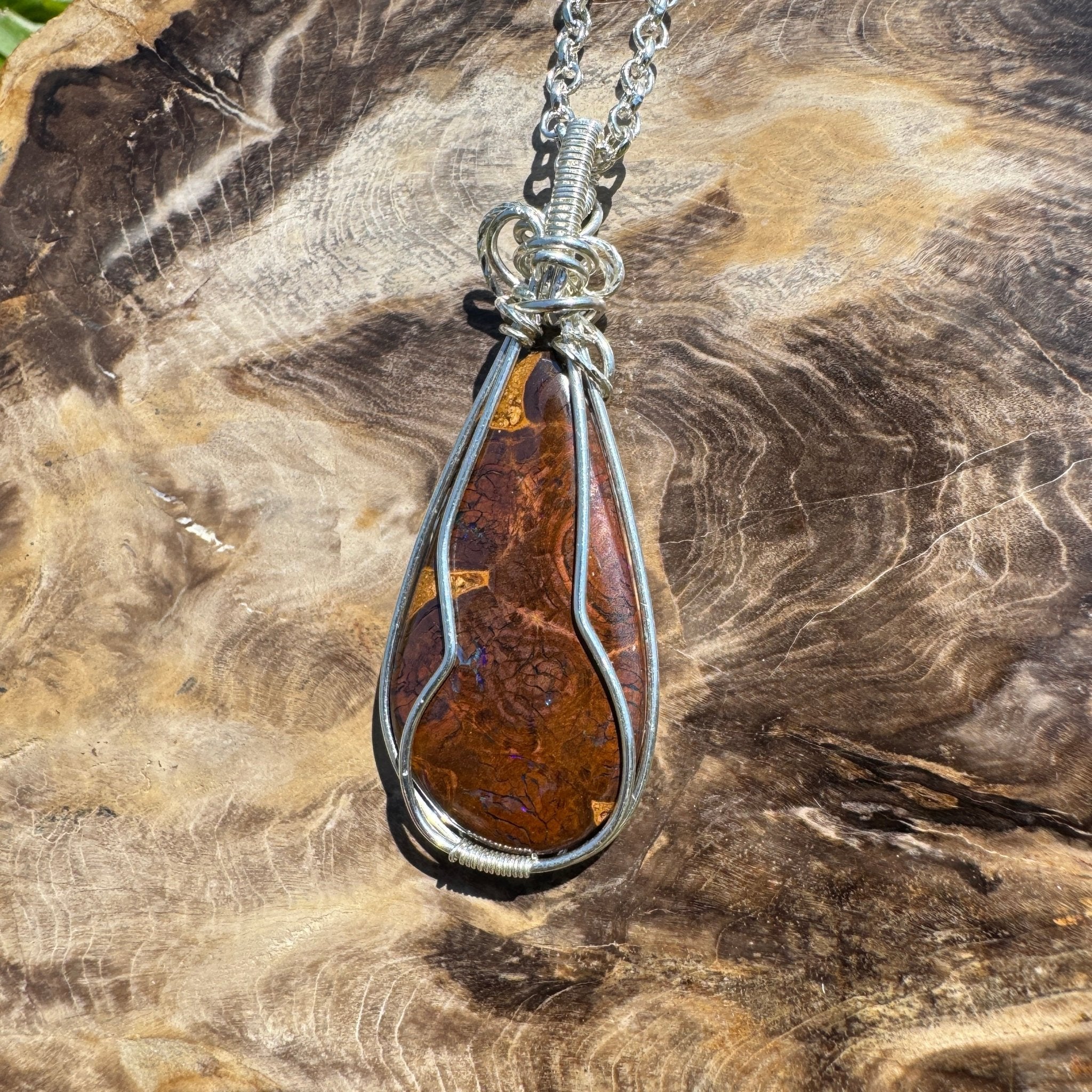 Tasman Flicker ~ 28ct Solid Queensland Boulder Opal 925 Sterling Silver Wire Wrap Pendant