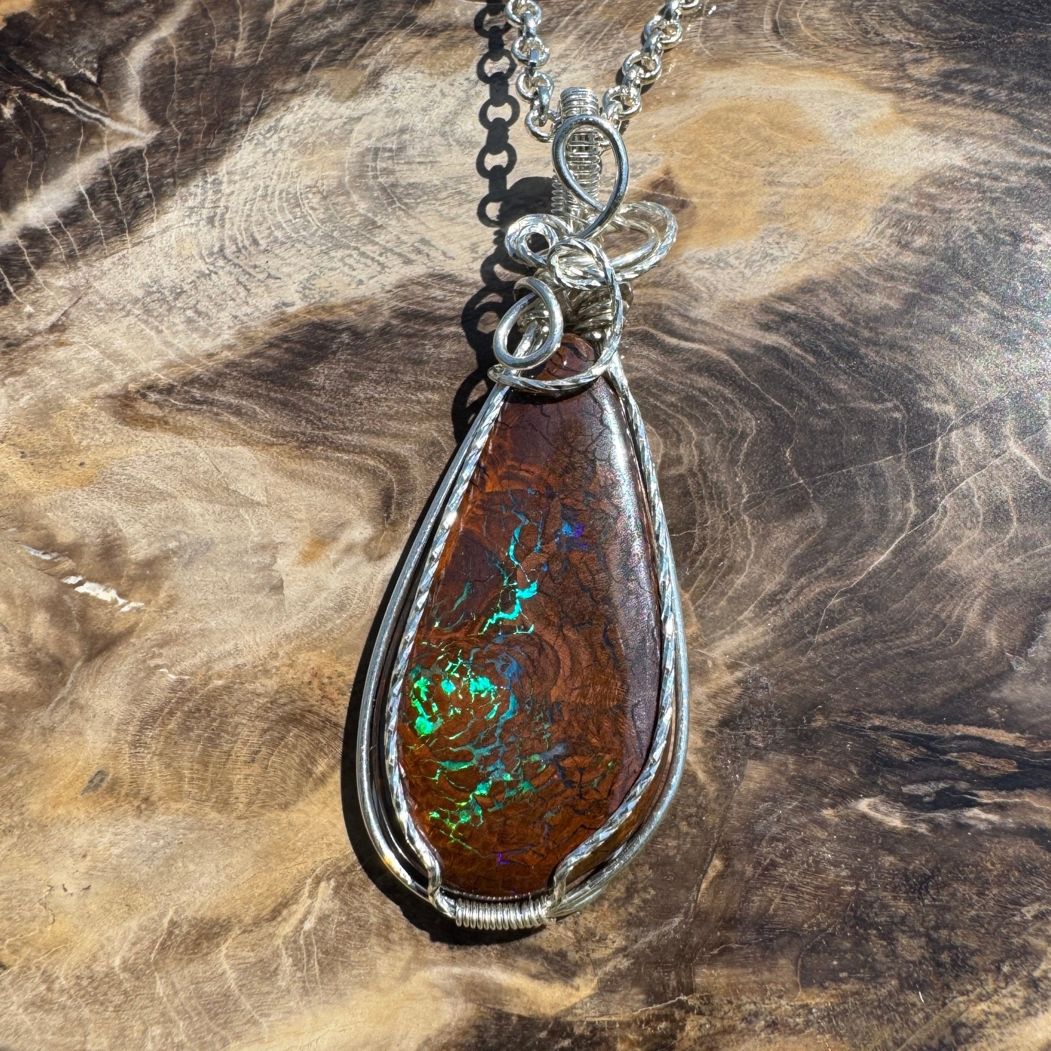Tasman Flicker ~ 28ct Solid Queensland Boulder Opal 925 Sterling Silver Wire Wrap Pendant