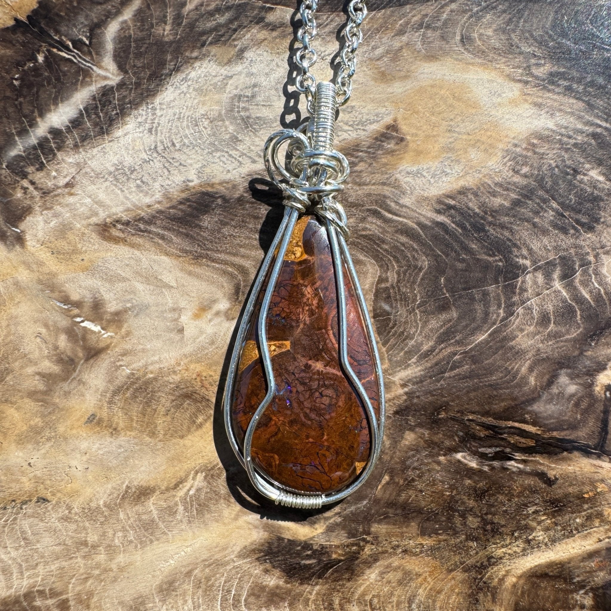 Tasman Flicker ~ 28ct Solid Queensland Boulder Opal 925 Sterling Silver Wire Wrap Pendant