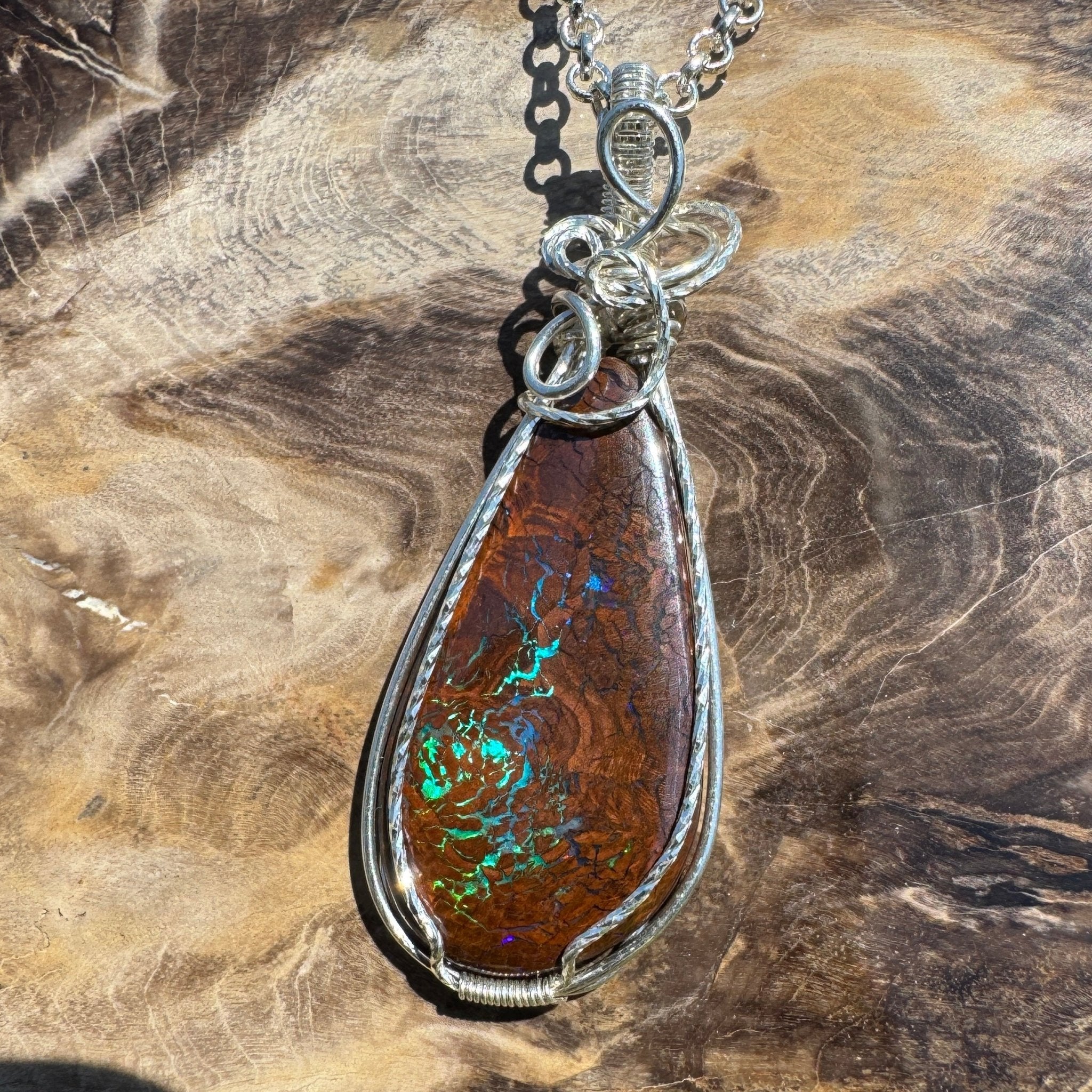 Tasman Flicker ~ 28ct Solid Queensland Boulder Opal 925 Sterling Silver Wire Wrap Pendant