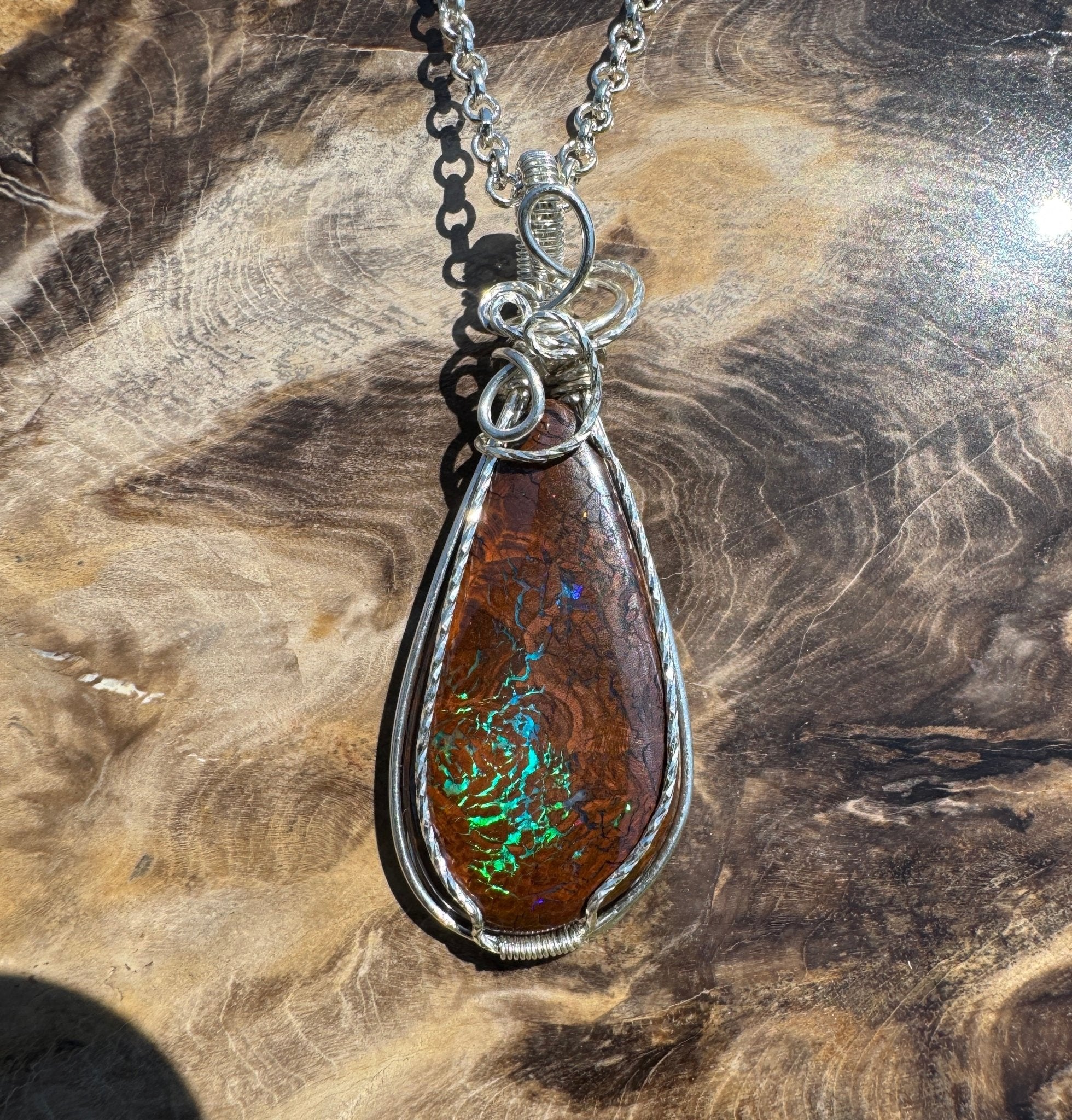Tasman Flicker ~ 28ct Solid Queensland Boulder Opal 925 Sterling Silver Wire Wrap Pendant