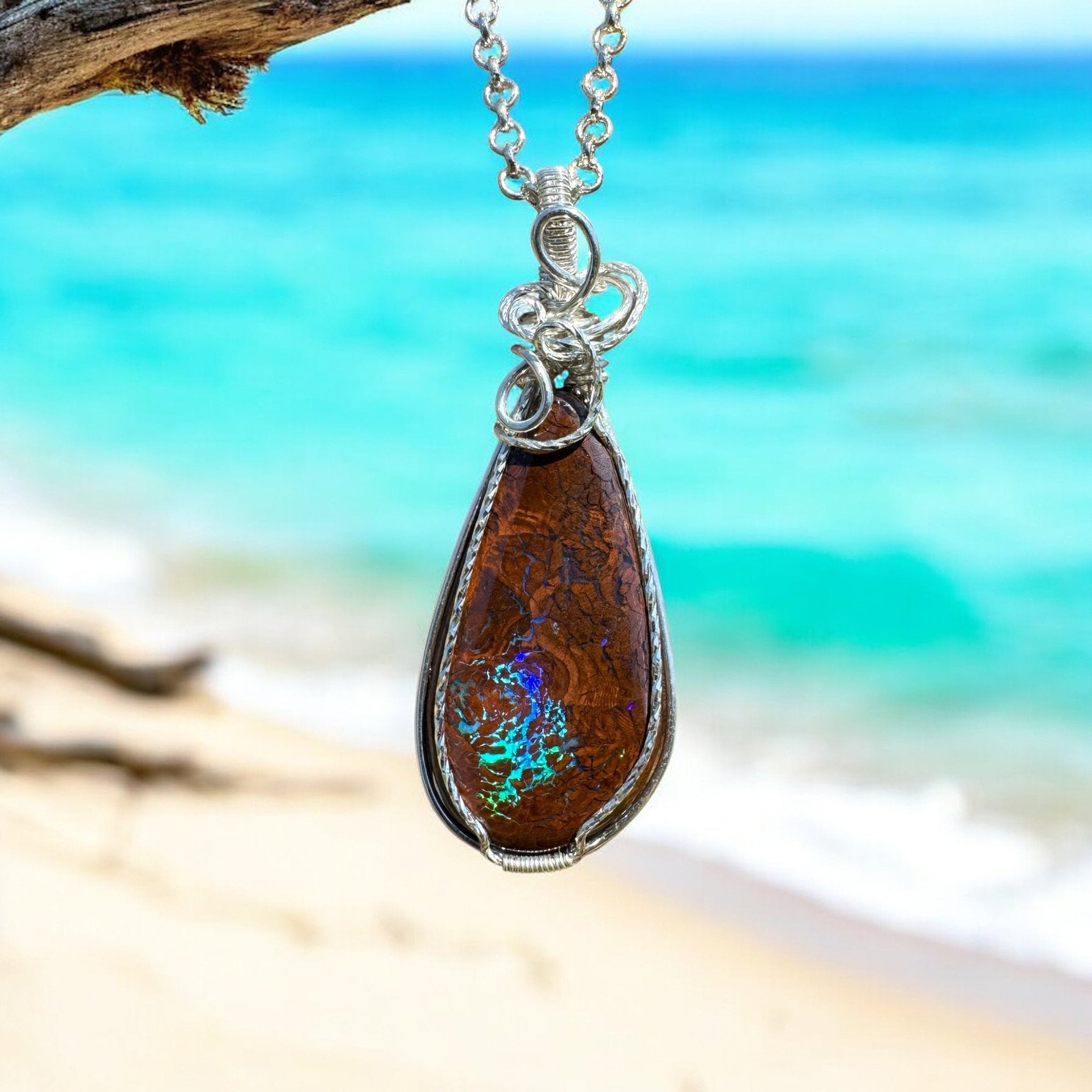 Tasman Flicker ~ 28ct Solid Queensland Boulder Opal 925 Sterling Silver Wire Wrap Pendant