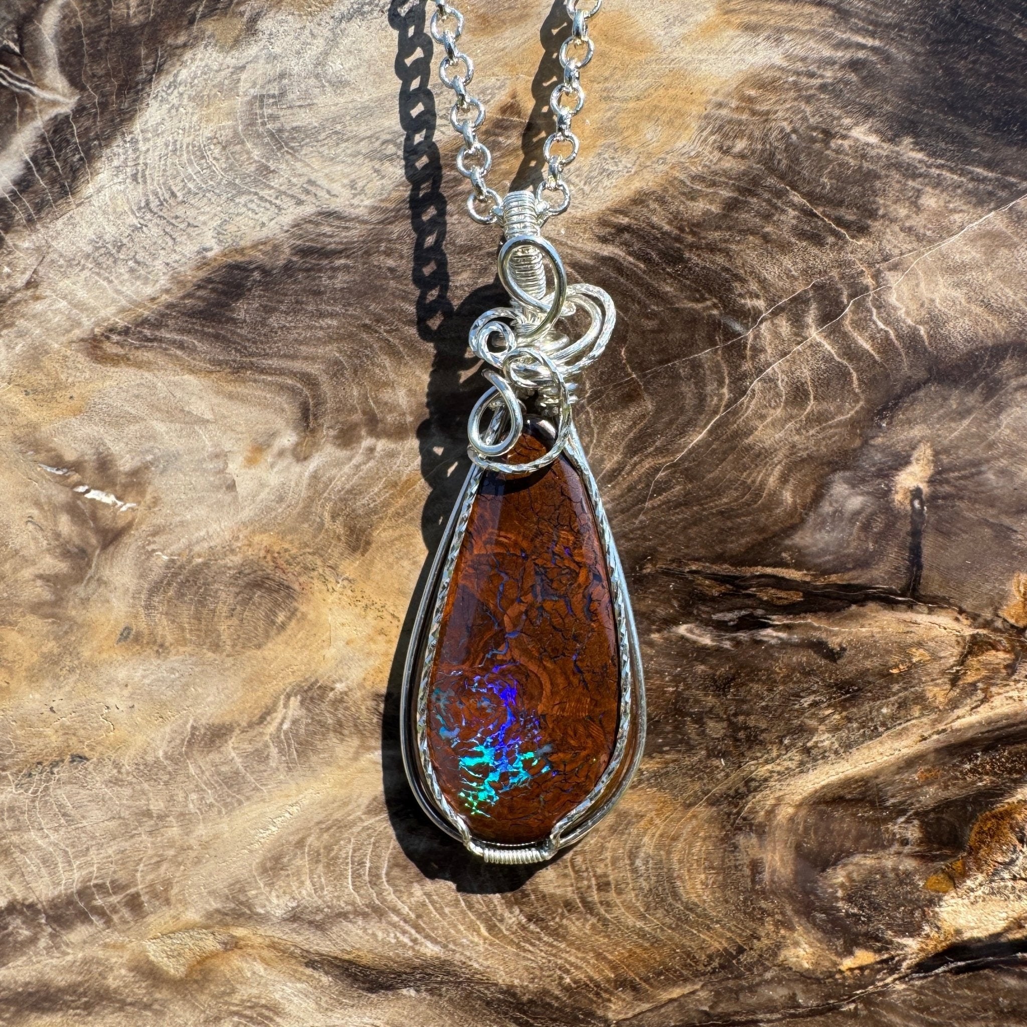 Tasman Flicker ~ 28ct Solid Queensland Boulder Opal 925 Sterling Silver Wire Wrap Pendant