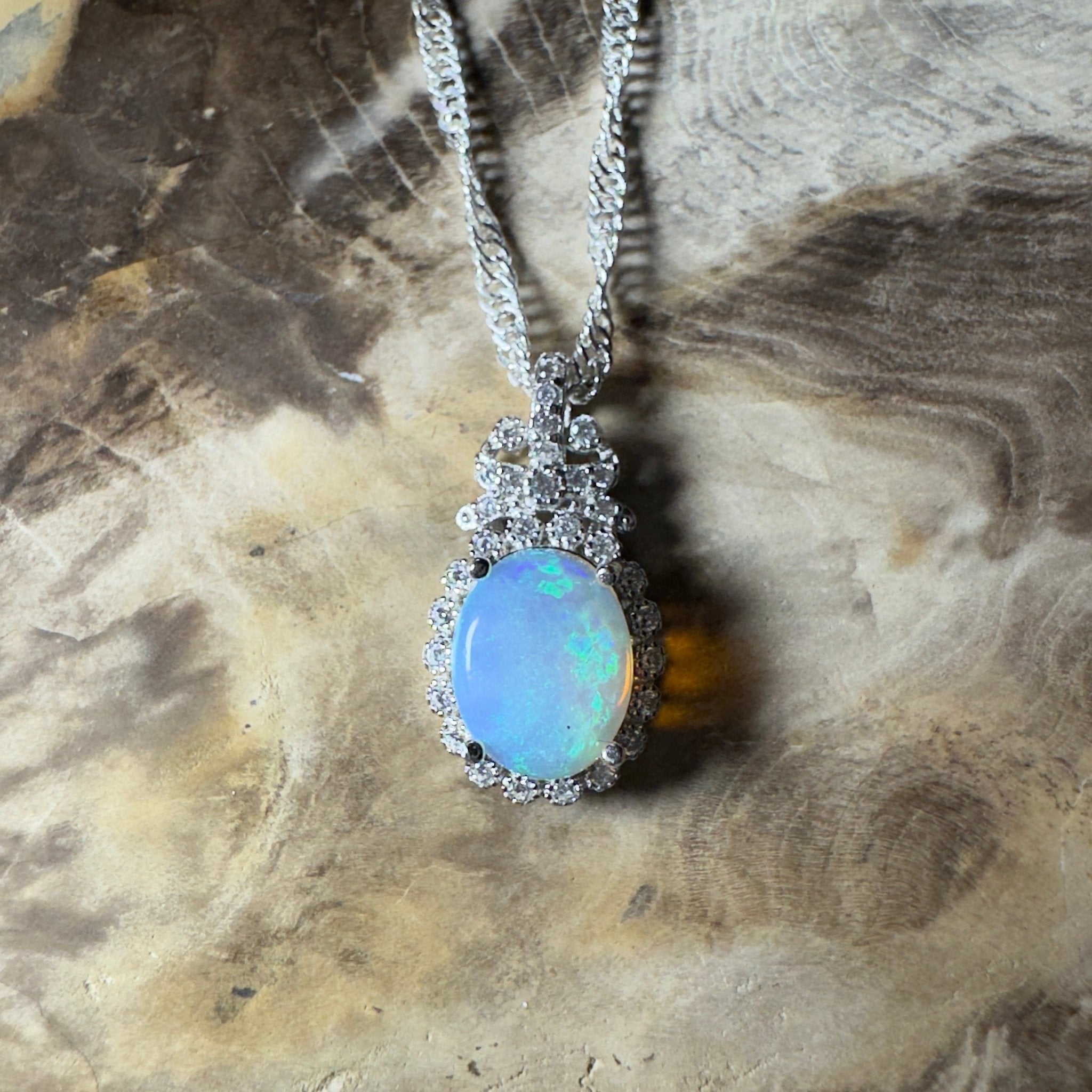 The Blue Mountains Halo ~ 1ct Lightning Ridge Opal 925 Silver Pendant