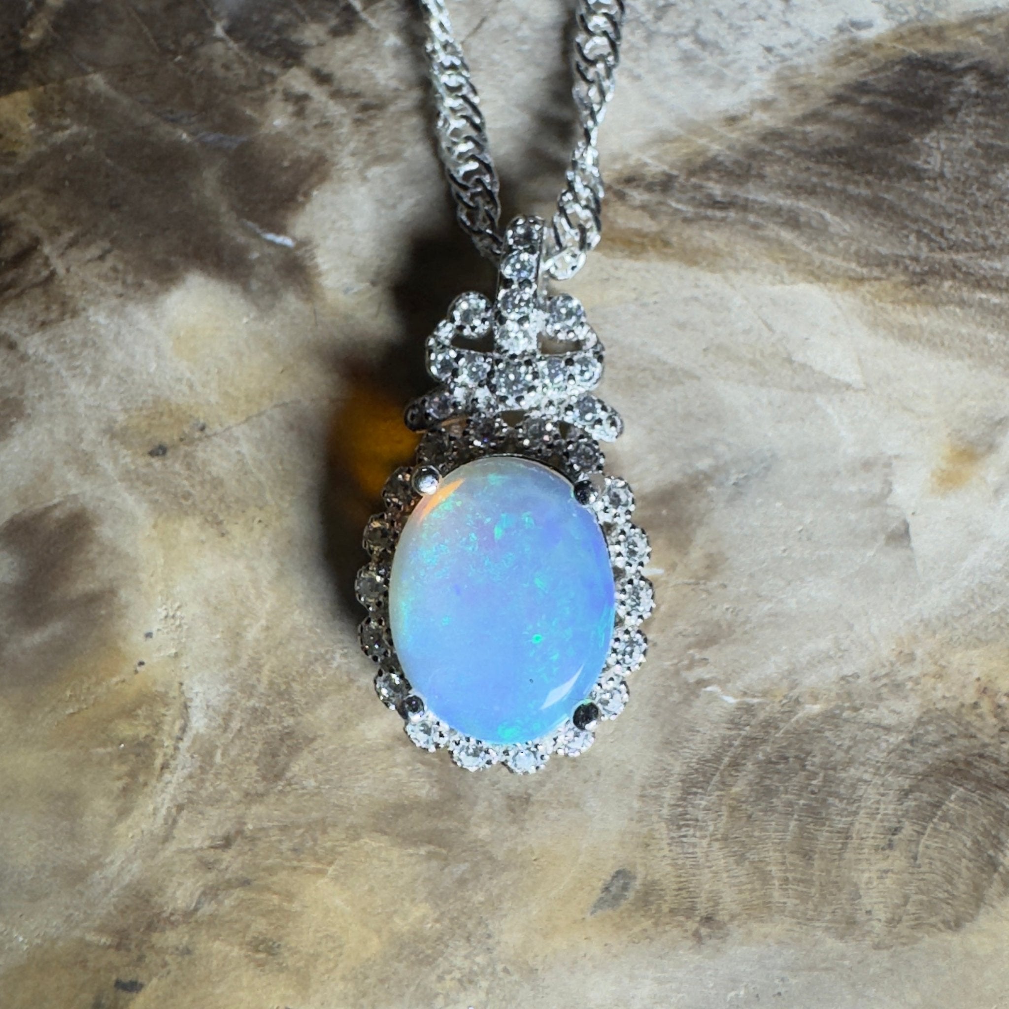 The Blue Mountains Halo ~ 1ct Lightning Ridge Opal 925 Silver Pendant