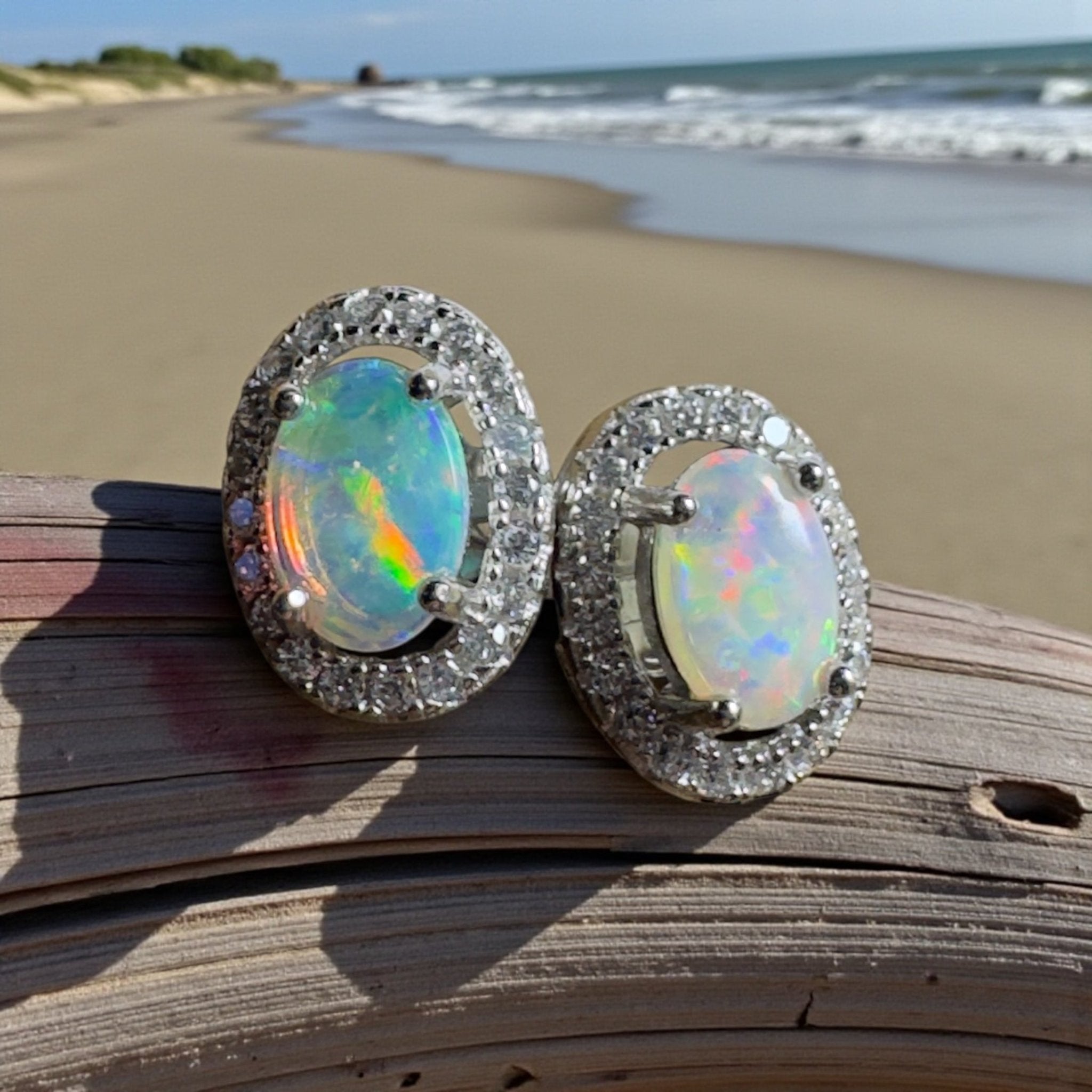 The Horizontal Falls Halo ~ 0.7ct Coober Pedy Opal Sterling Silver Earrings