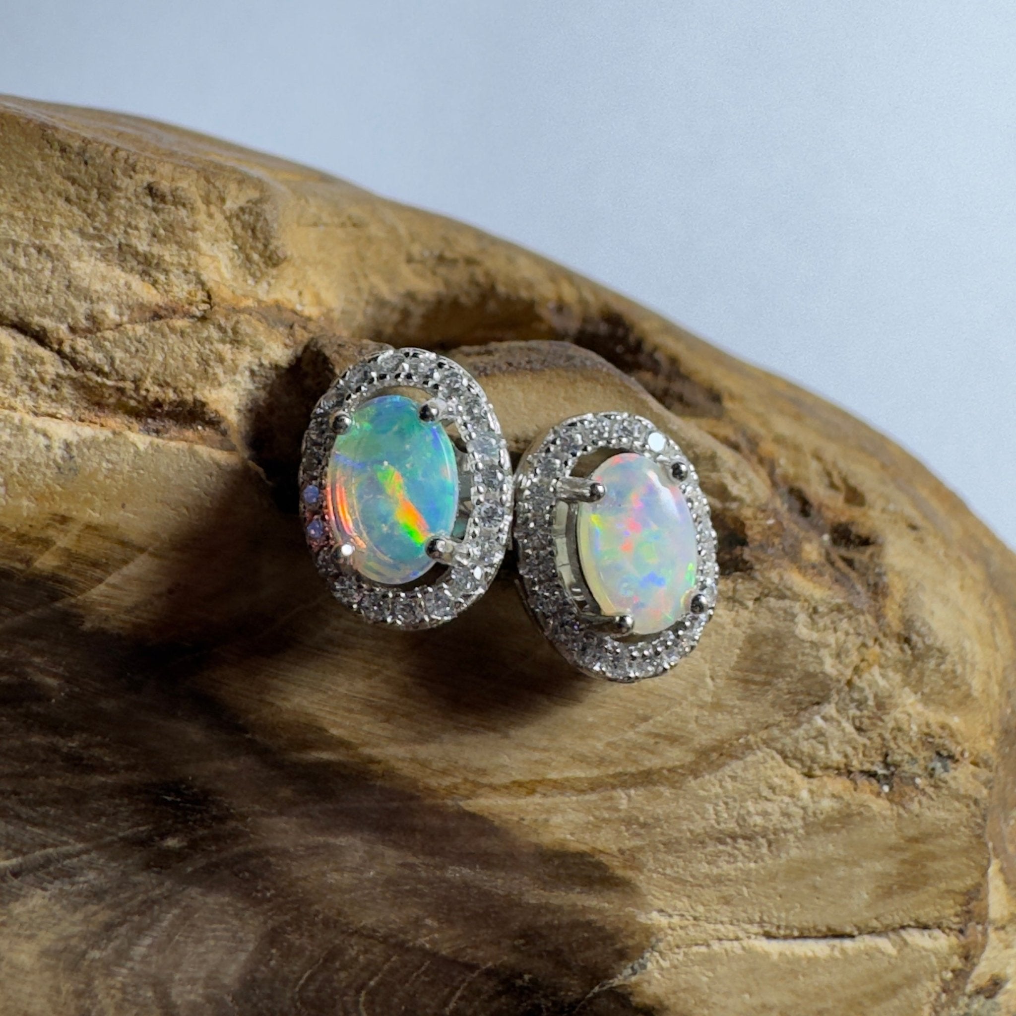 The Horizontal Falls Halo ~ 0.7ct Coober Pedy Opal Sterling Silver Earrings