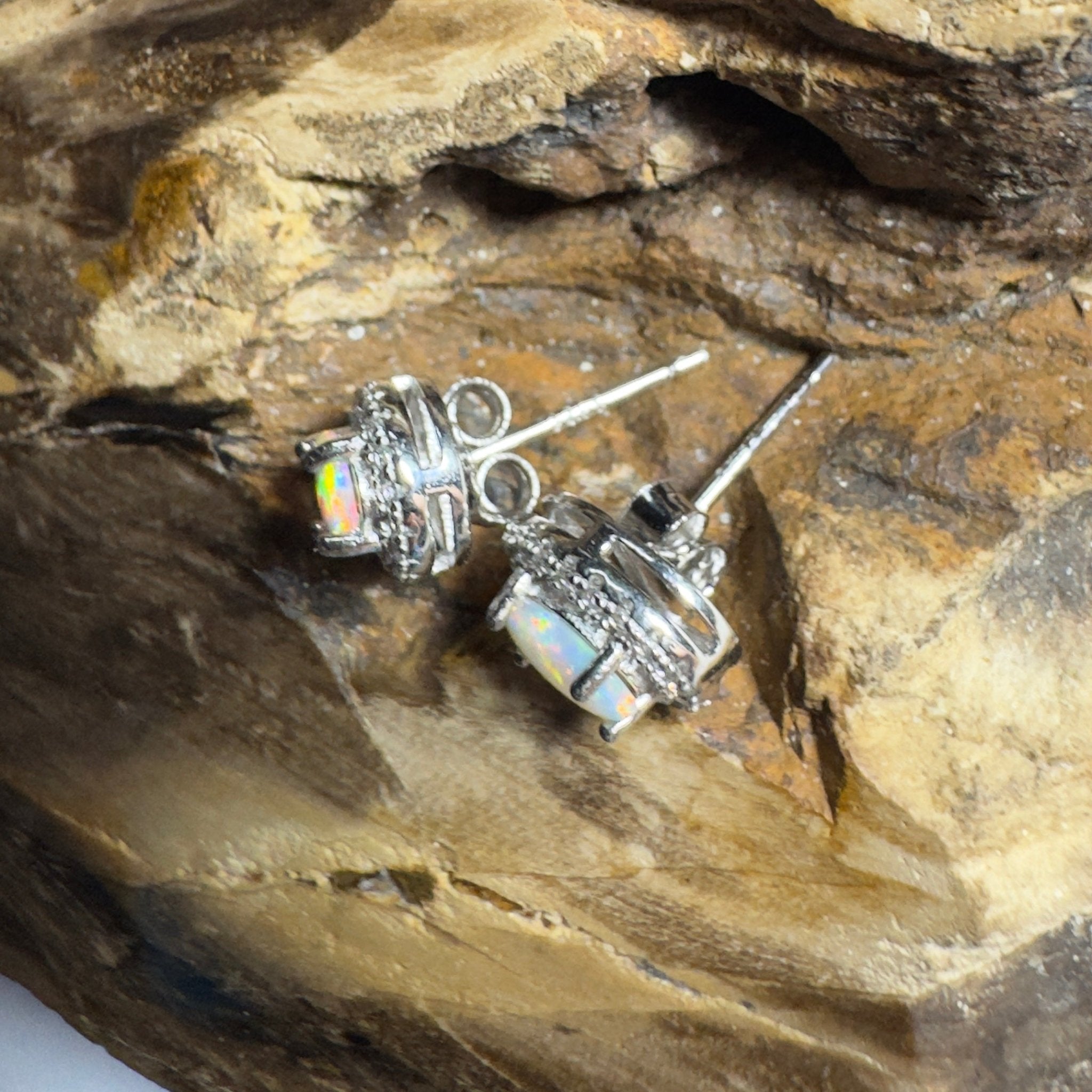 The Horizontal Falls Halo ~ 0.7ct Coober Pedy Opal Sterling Silver Earrings