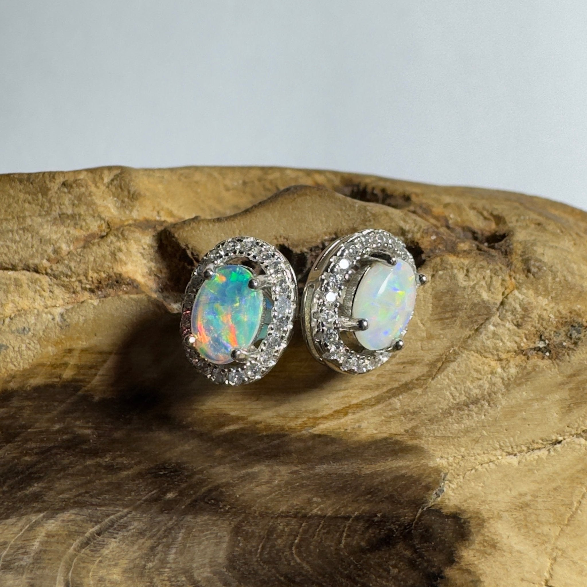 The Horizontal Falls Halo ~ 0.7ct Coober Pedy Opal Sterling Silver Earrings