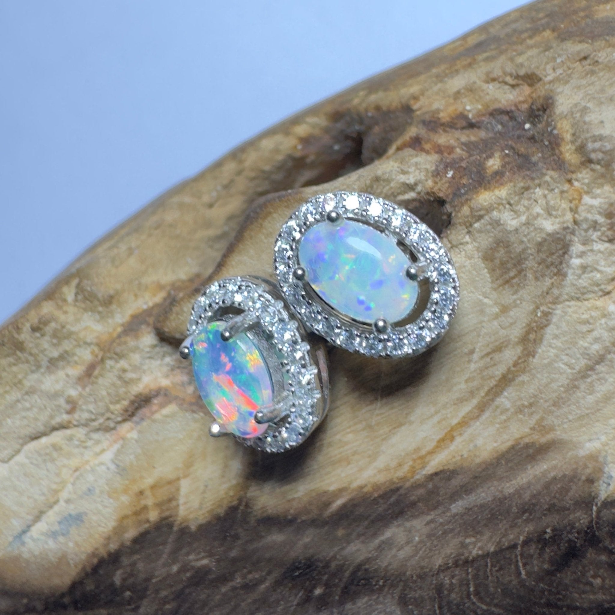 The Horizontal Falls Halo ~ 0.7ct Coober Pedy Opal Sterling Silver Earrings
