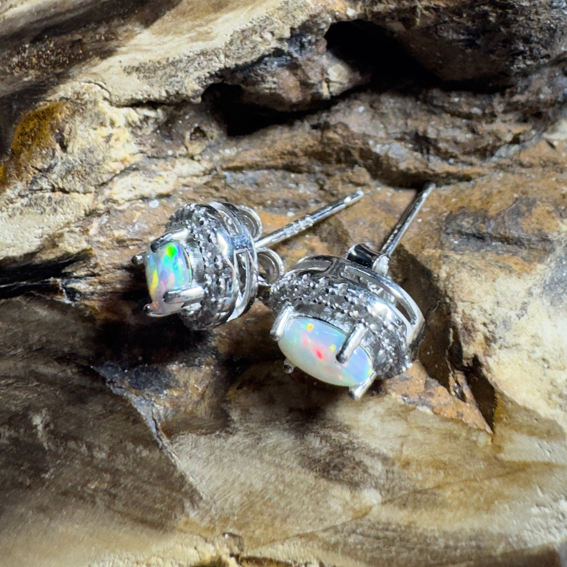 The Horizontal Falls Halo ~ 0.7ct Coober Pedy Opal Sterling Silver Earrings