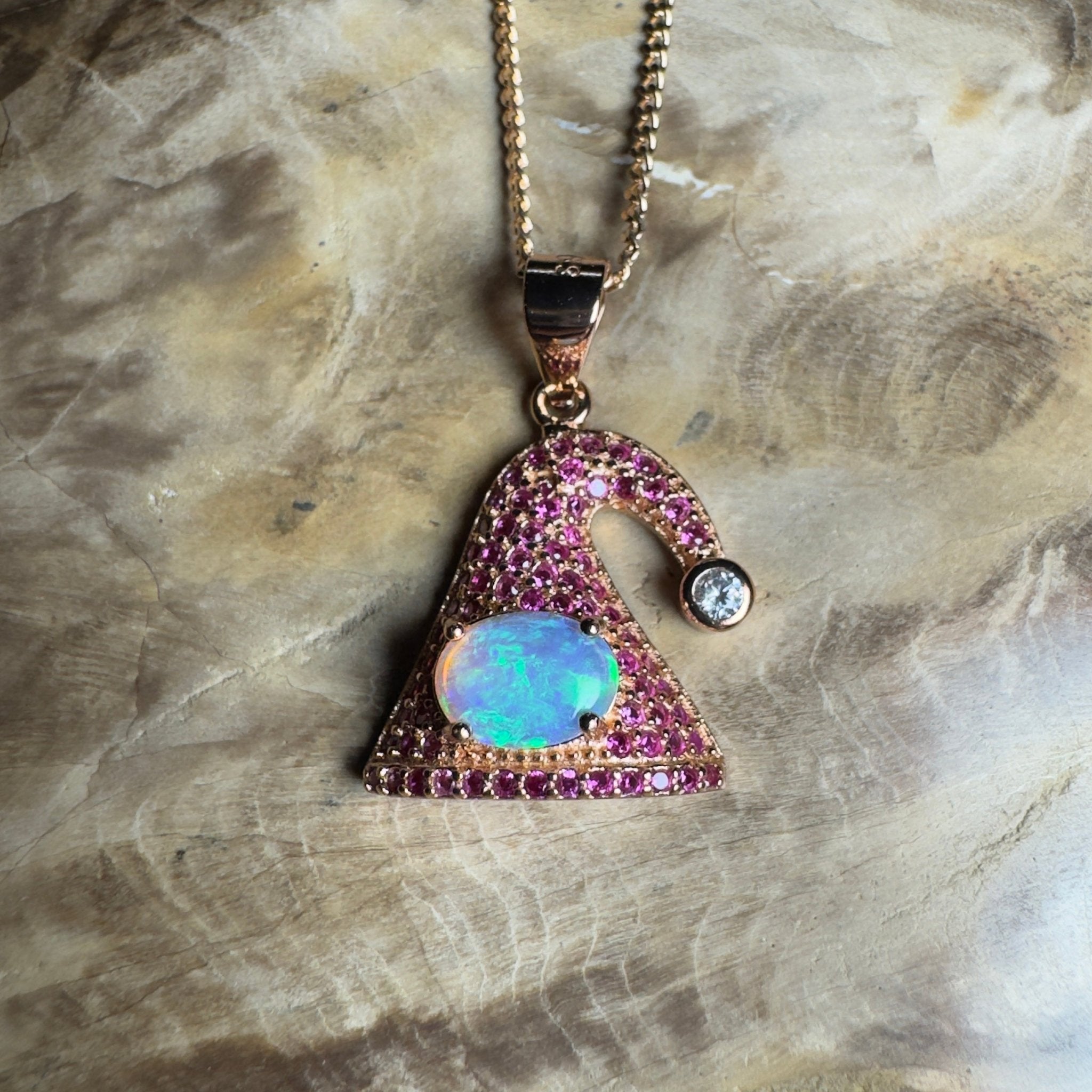 The Hyams Hat ~ 0.7ct Lightning Ridge Opal 925 Silver Rose Gold Coated Pendant
