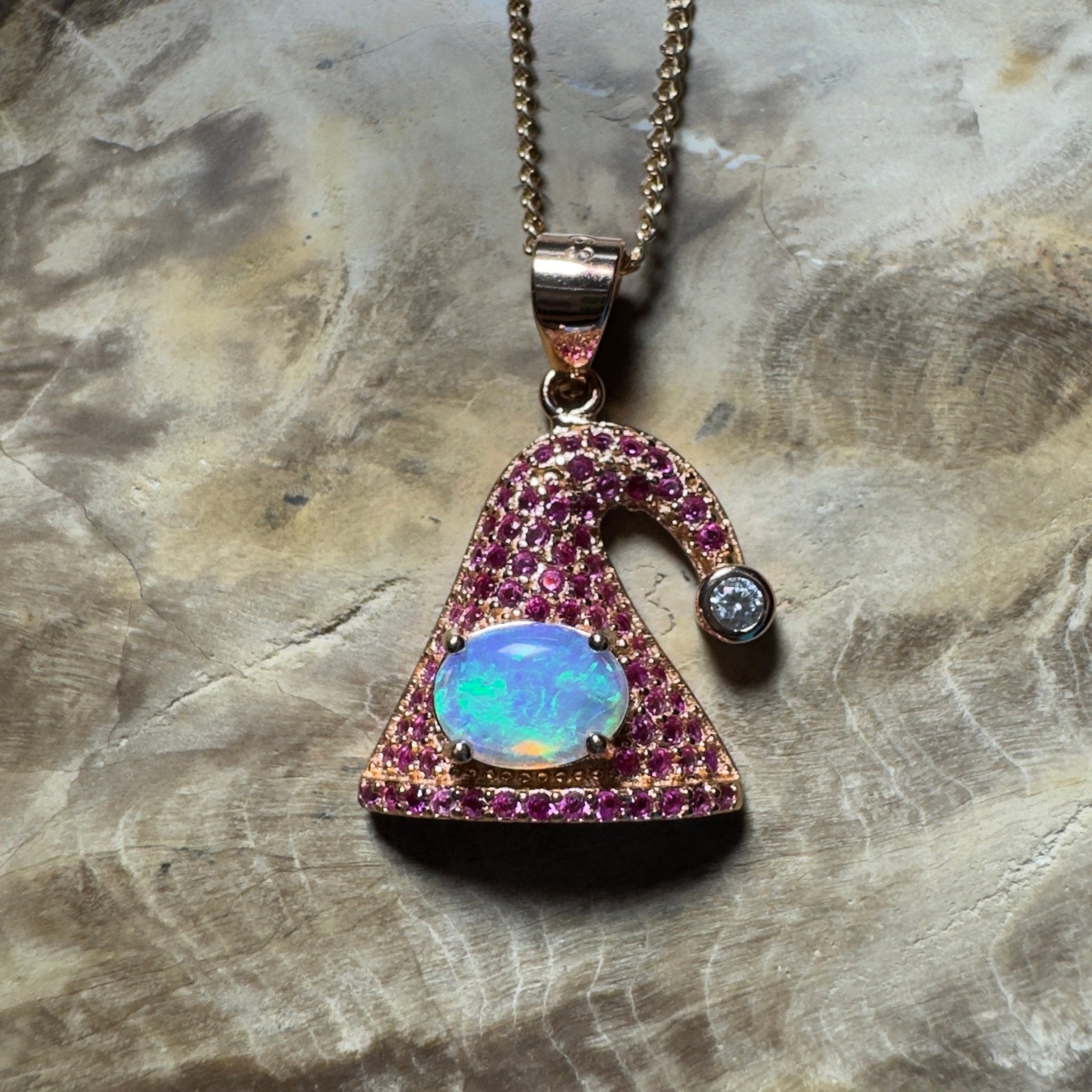 The Hyams Hat ~ 0.7ct Lightning Ridge Opal 925 Silver Rose Gold Coated Pendant