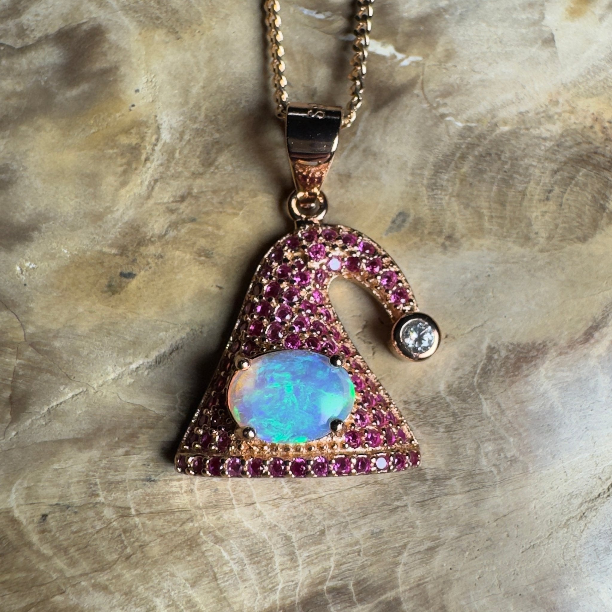 The Hyams Hat ~ 0.7ct Lightning Ridge Opal 925 Silver Rose Gold Coated Pendant