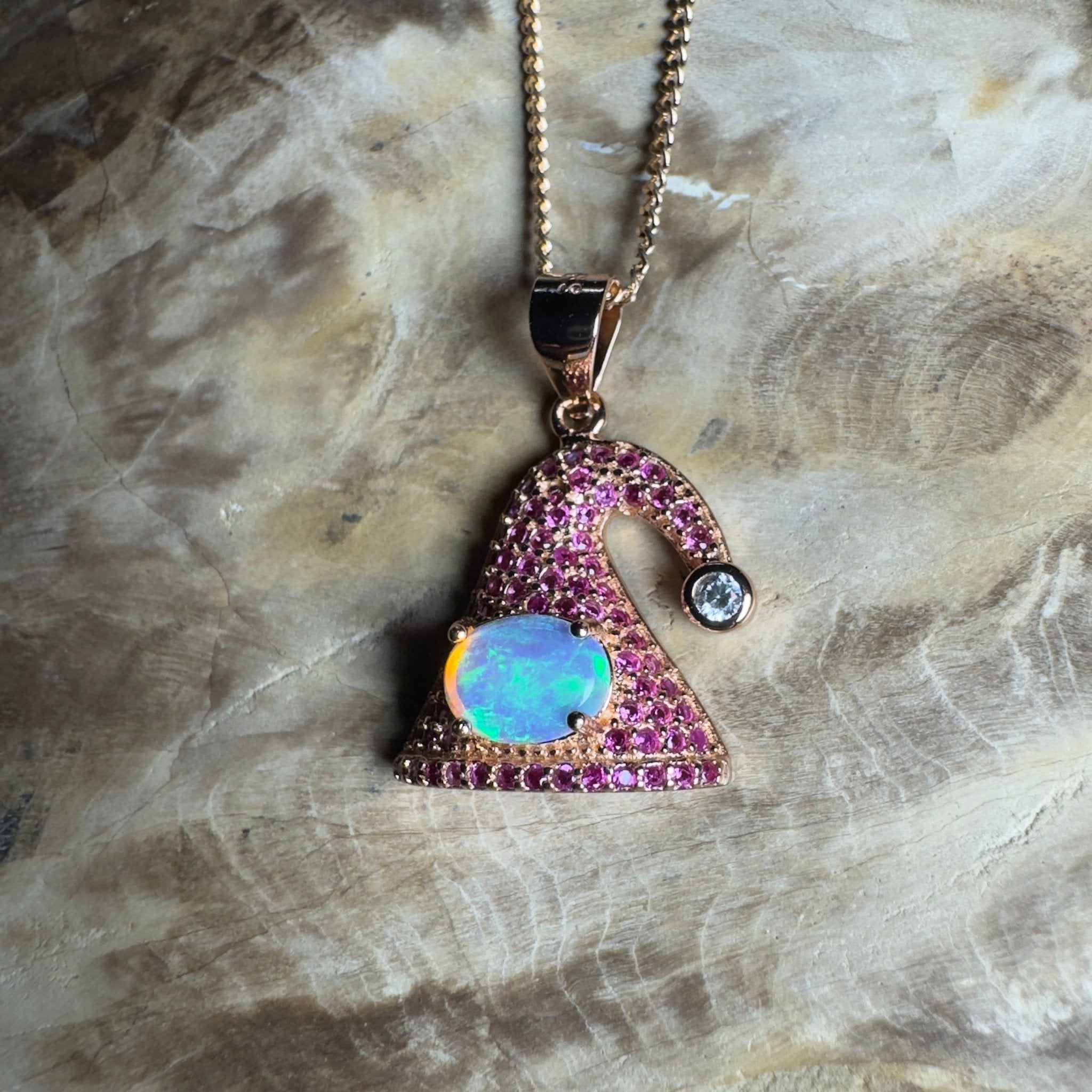 The Hyams Hat ~ 0.7ct Lightning Ridge Opal 925 Silver Rose Gold Coated Pendant